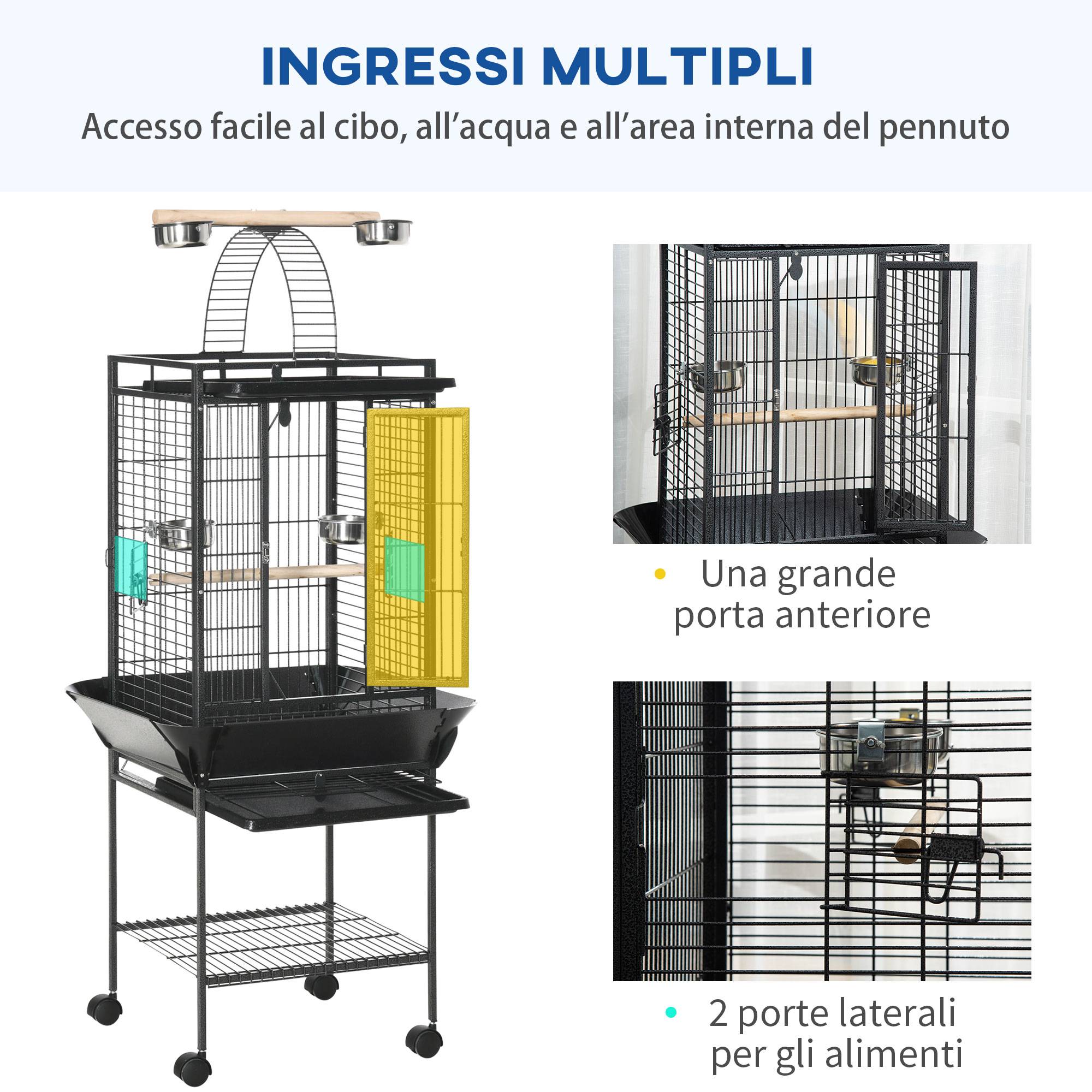 Cage pour perruches avec 2 perchoirs et échelle arquée, en acier, 62,5x62,5x156 cm, grise - Image 8