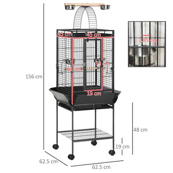 Cage pour perruches avec 2 perchoirs et échelle arquée, en acier, 62,5x62,5x156 cm, grise - Image 5