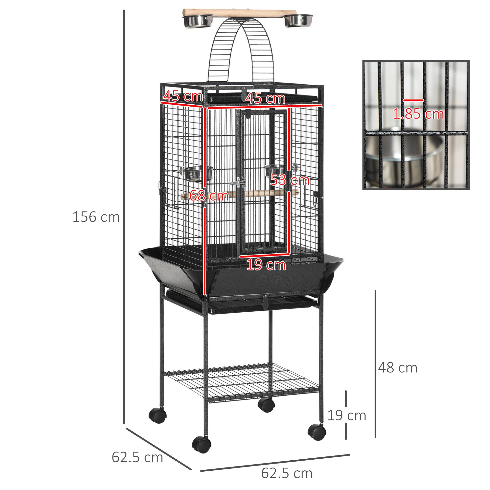 Cage pour perruches avec 2 perchoirs et échelle arquée, en acier, 62,5x62,5x156 cm, grise - Image 5