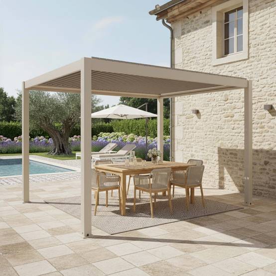 Oviala - Pergola bioclimatique autoportée 3x4m et 2 stores bois crème Athenes - Oviala - Image 5