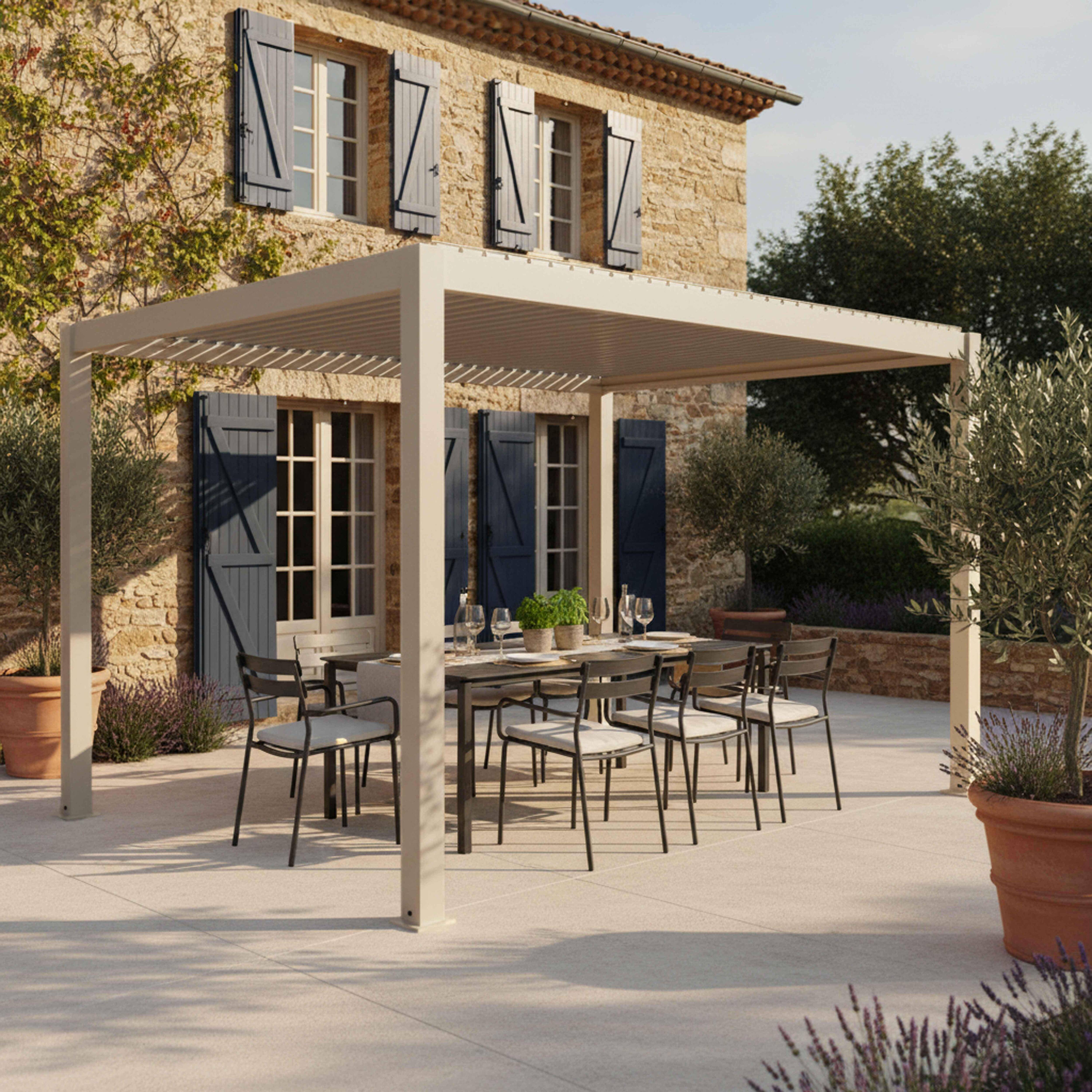 Oviala - Pergola bioclimatique autoportée 3x4m et 2 stores bois crème Athenes - Oviala - Image 3
