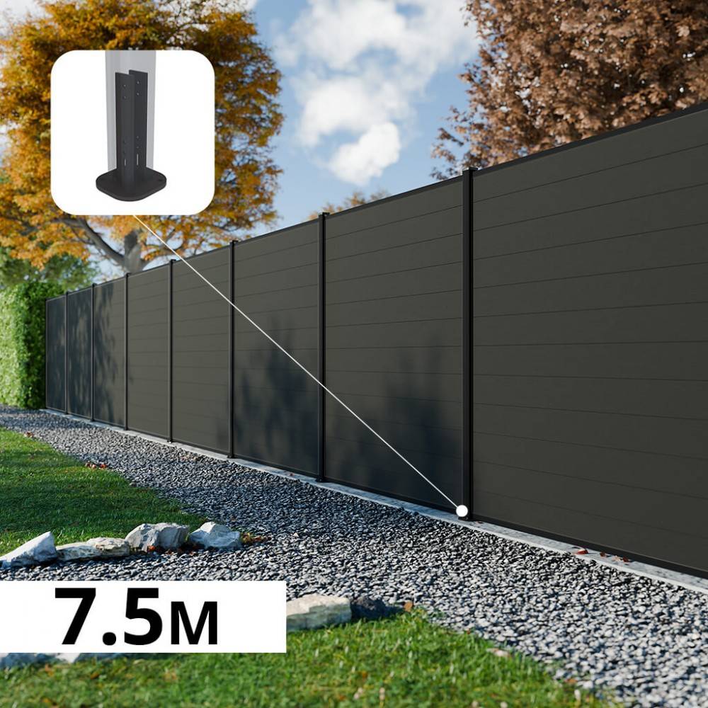 Decklinea - Kit Clôture Composite RIO Anthracite 7,5x1,8m - Bois composite & Aluminium - Poteaux sur Platines Noir - Brise vue - Palissade - Image 1