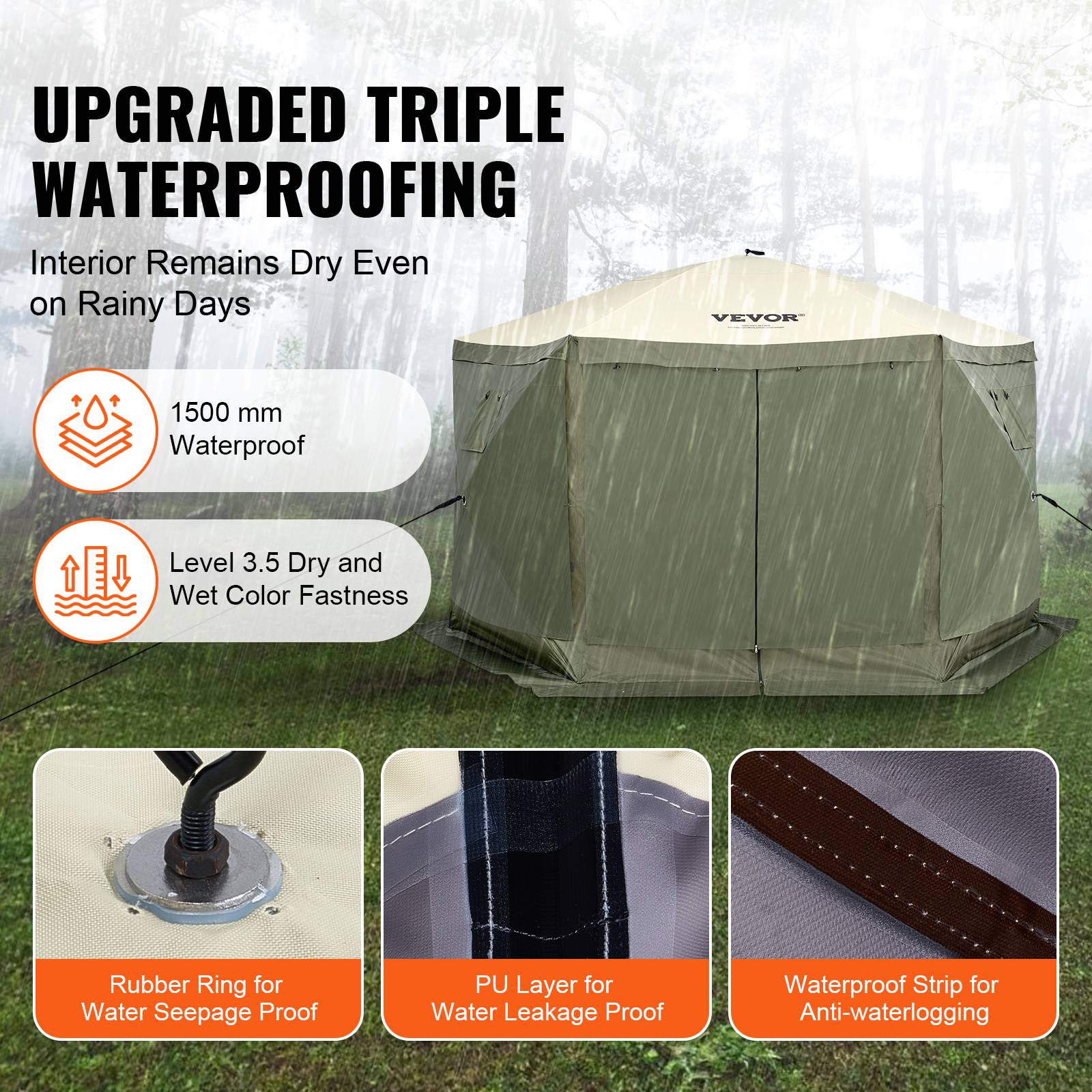 Vevor - Tente pop-up 6 côtés 3,66x3,66 m, moustiquaire UPF50+, panneaux amovibles avec fenêtres, vert armée. - Image 3