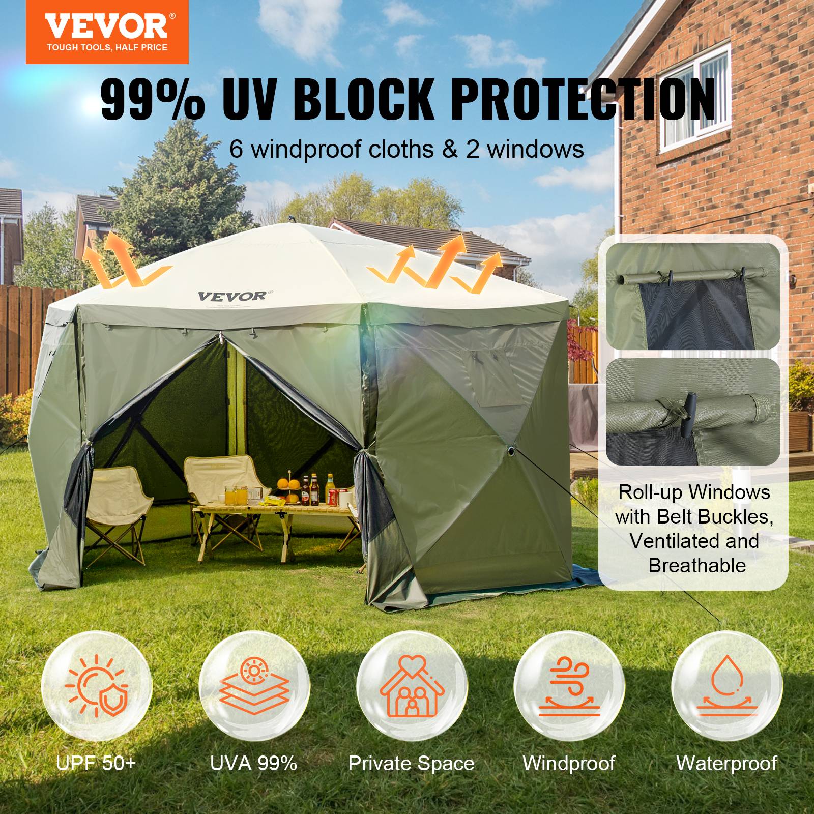 Vevor - Tente pop-up 6 côtés 3,66x3,66 m, moustiquaire UPF50+, panneaux amovibles avec fenêtres, vert armée. - Image 2