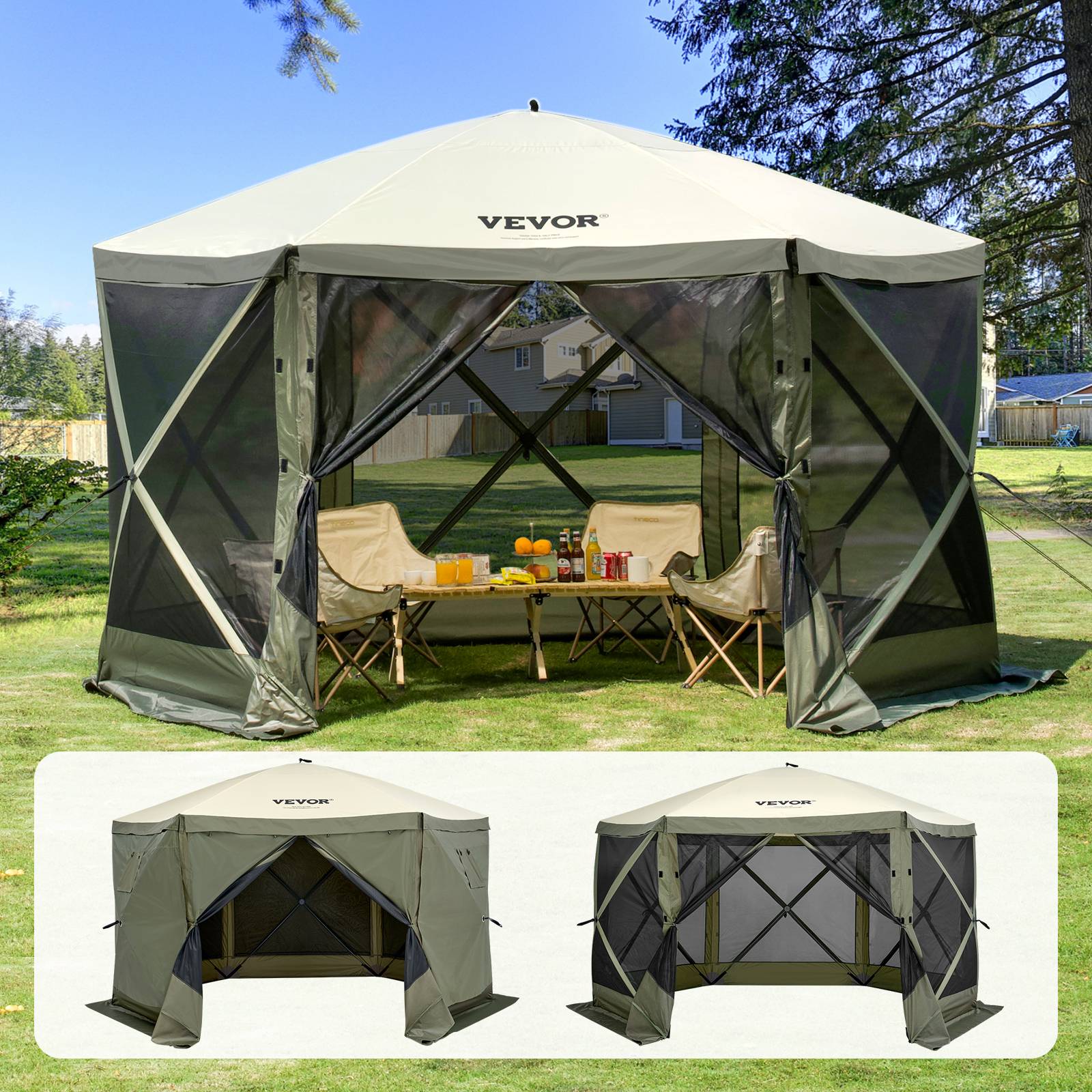 Vevor - Tente pop-up 6 côtés 3,66x3,66 m, moustiquaire UPF50+, panneaux amovibles avec fenêtres, vert armée. - Image 1