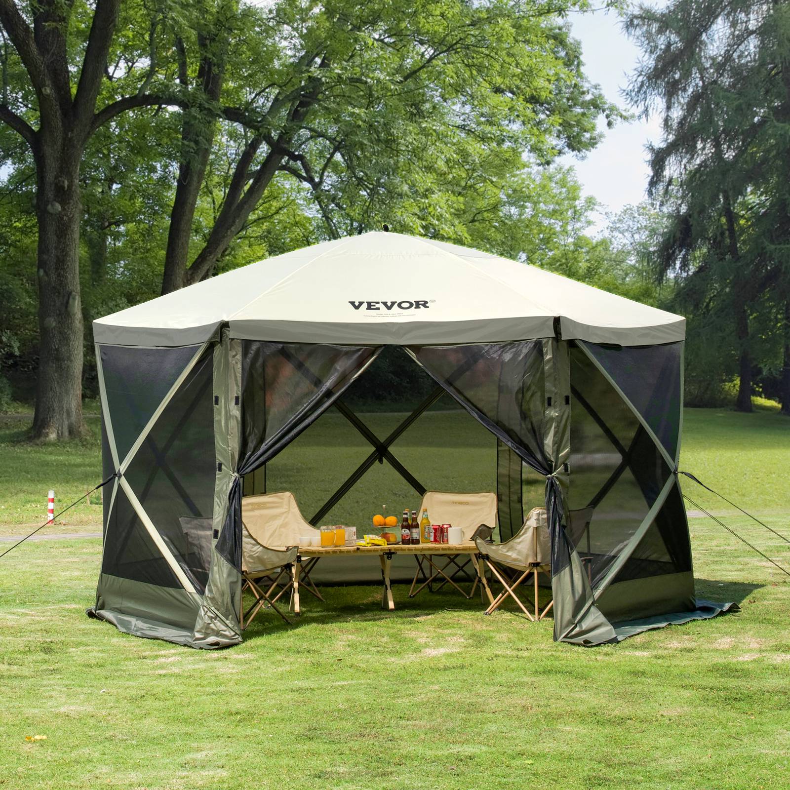 Vevor - Tente pop-up 6 côtés 3,66x3,66 m, moustiquaire UPF50+, panneaux amovibles avec fenêtres, vert armée. - Image 8