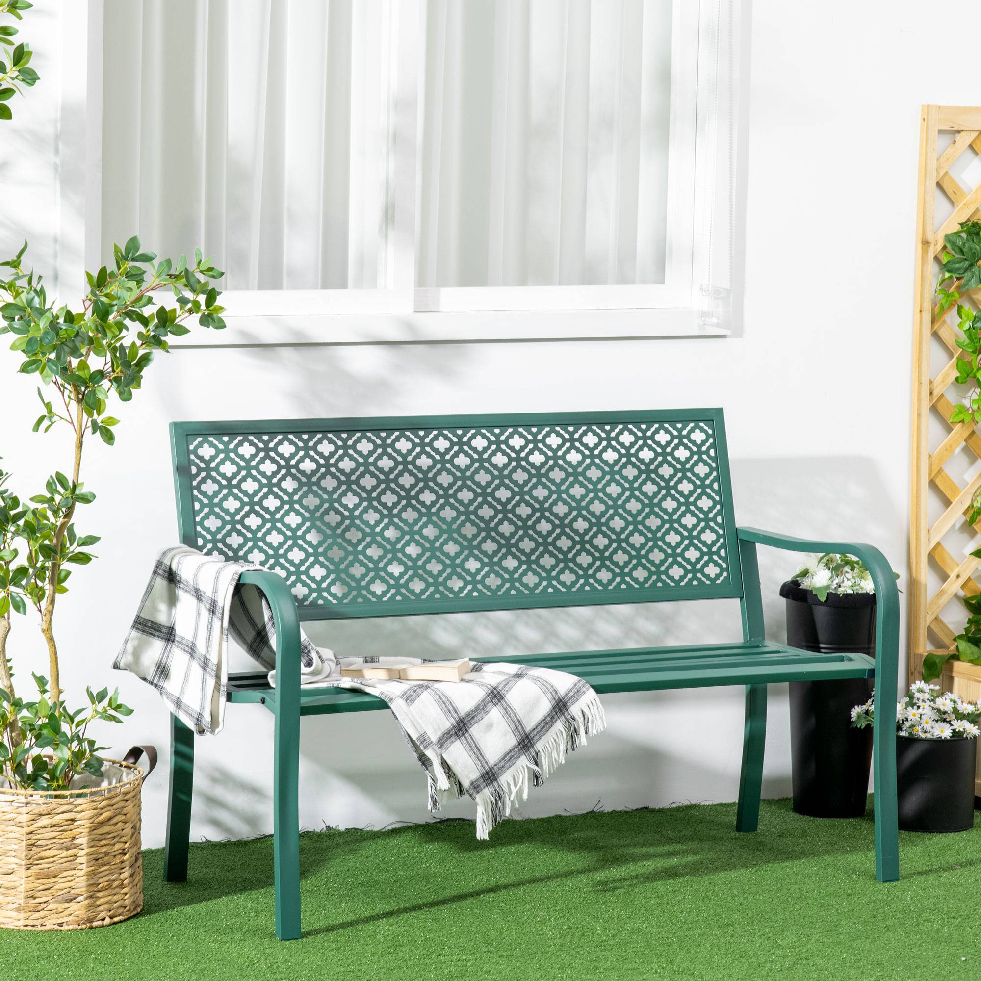 Banc de jardin 2 places en acier résistant aux intempéries, pour terrasse et jardin, vert foncé - Image 2