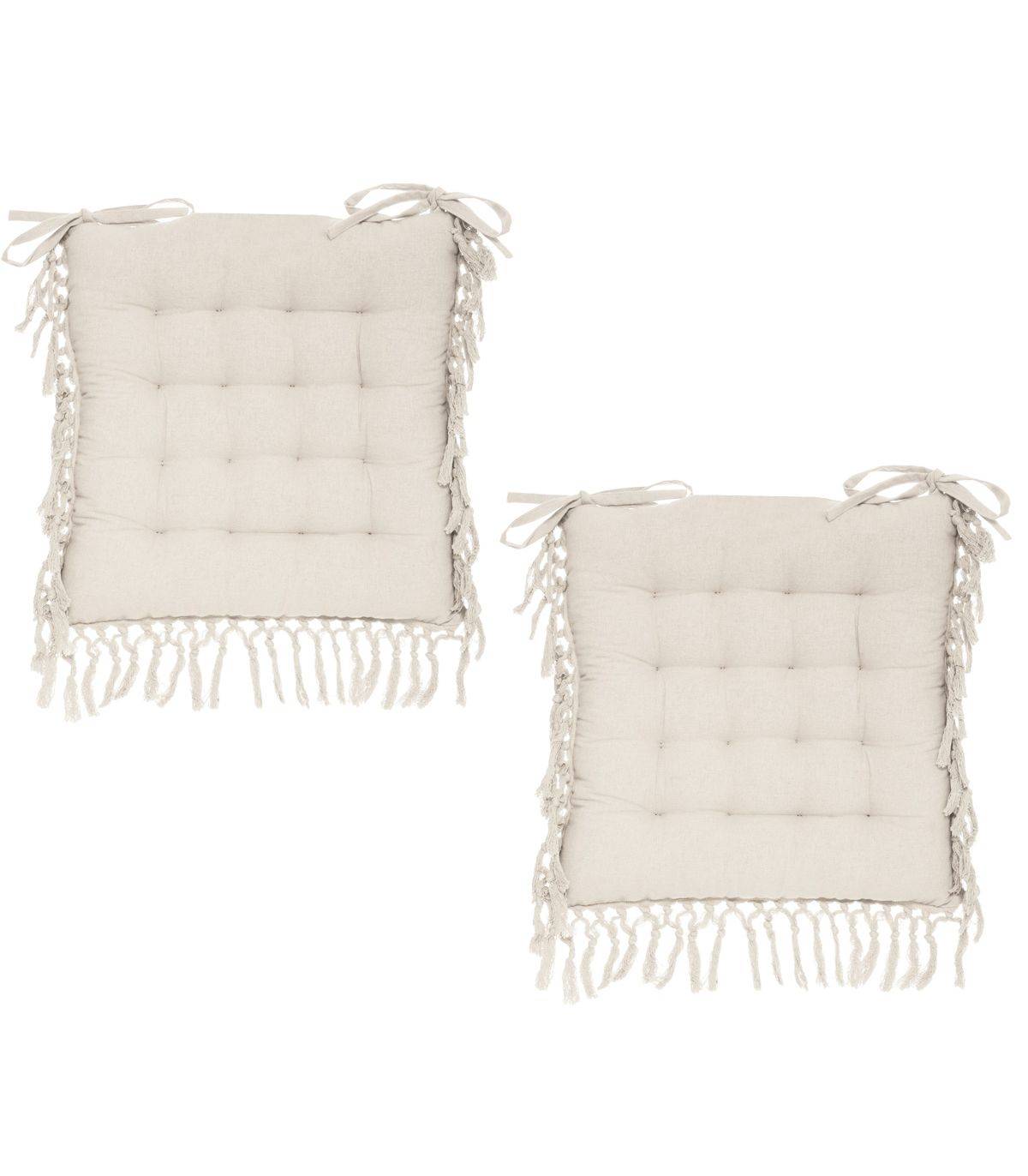 Lot de 2 Galettes de chaise en Coton Ivoire avec franges macramé 40 x 40 cm - Imagen 1
