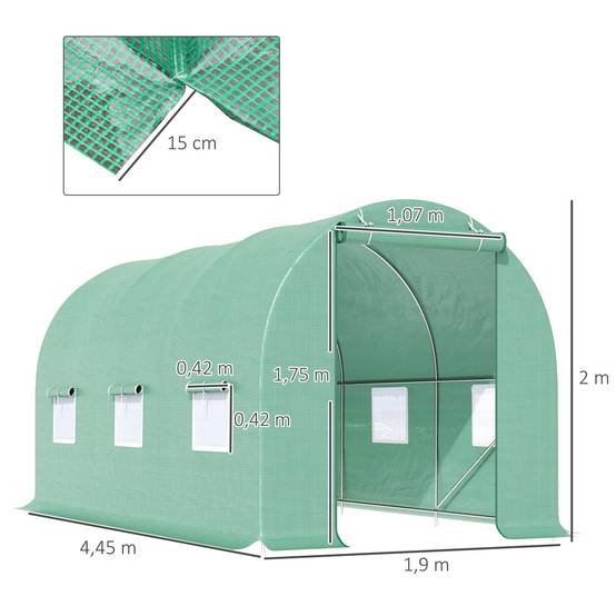 Serre de Jardin Tunnel 4,5L x 2l x 2H m châssis Tubulaire Acier galvanisé renforcé 1,8 cm 6 fenêtres 1 Porte Vert - Image 5