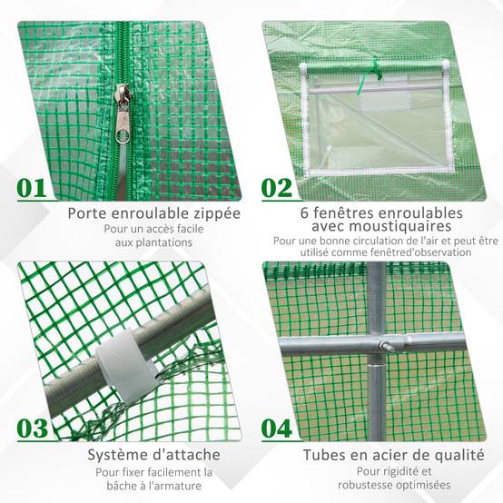 Serre de Jardin Tunnel 4,5L x 2l x 2H m châssis Tubulaire Acier galvanisé renforcé 1,8 cm 6 fenêtres 1 Porte Vert - Image 7