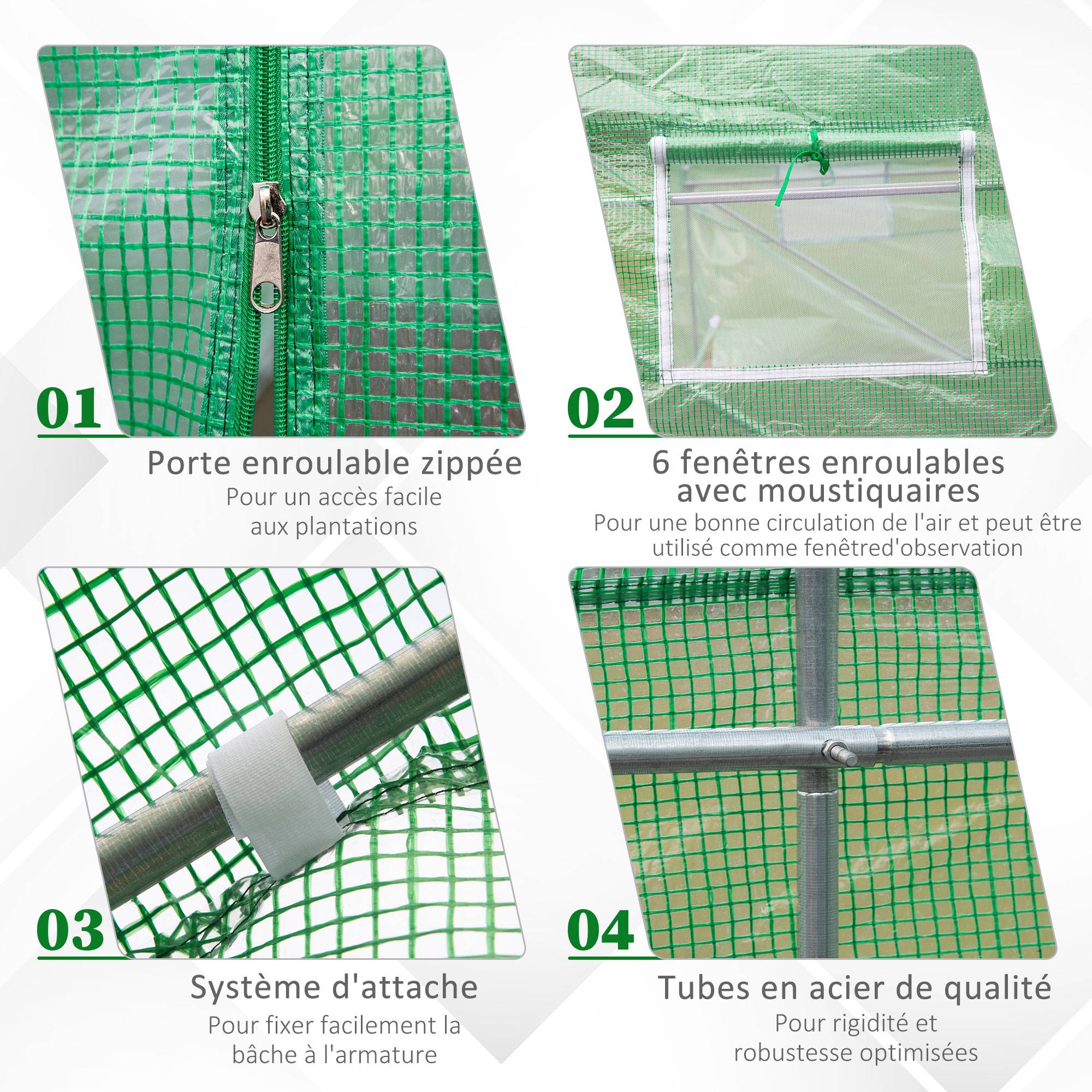 Serre de Jardin Tunnel 4,5L x 2l x 2H m châssis Tubulaire Acier galvanisé renforcé 1,8 cm 6 fenêtres 1 Porte Vert - Image 7