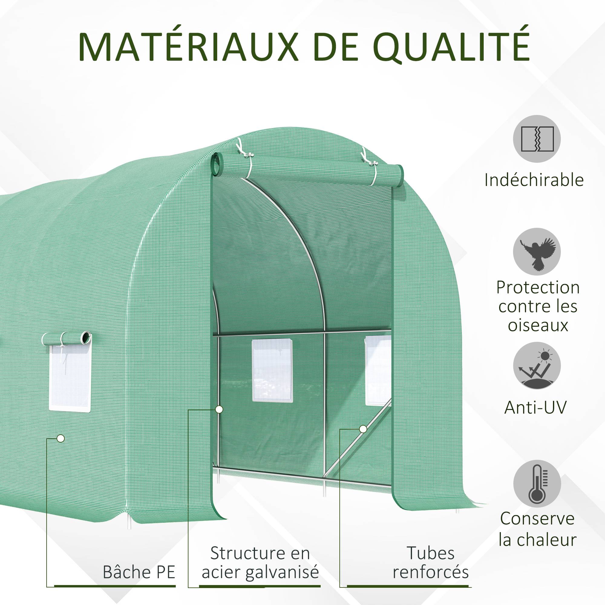 Serre de Jardin Tunnel 4,5L x 2l x 2H m châssis Tubulaire Acier galvanisé renforcé 1,8 cm 6 fenêtres 1 Porte Vert - Image 6
