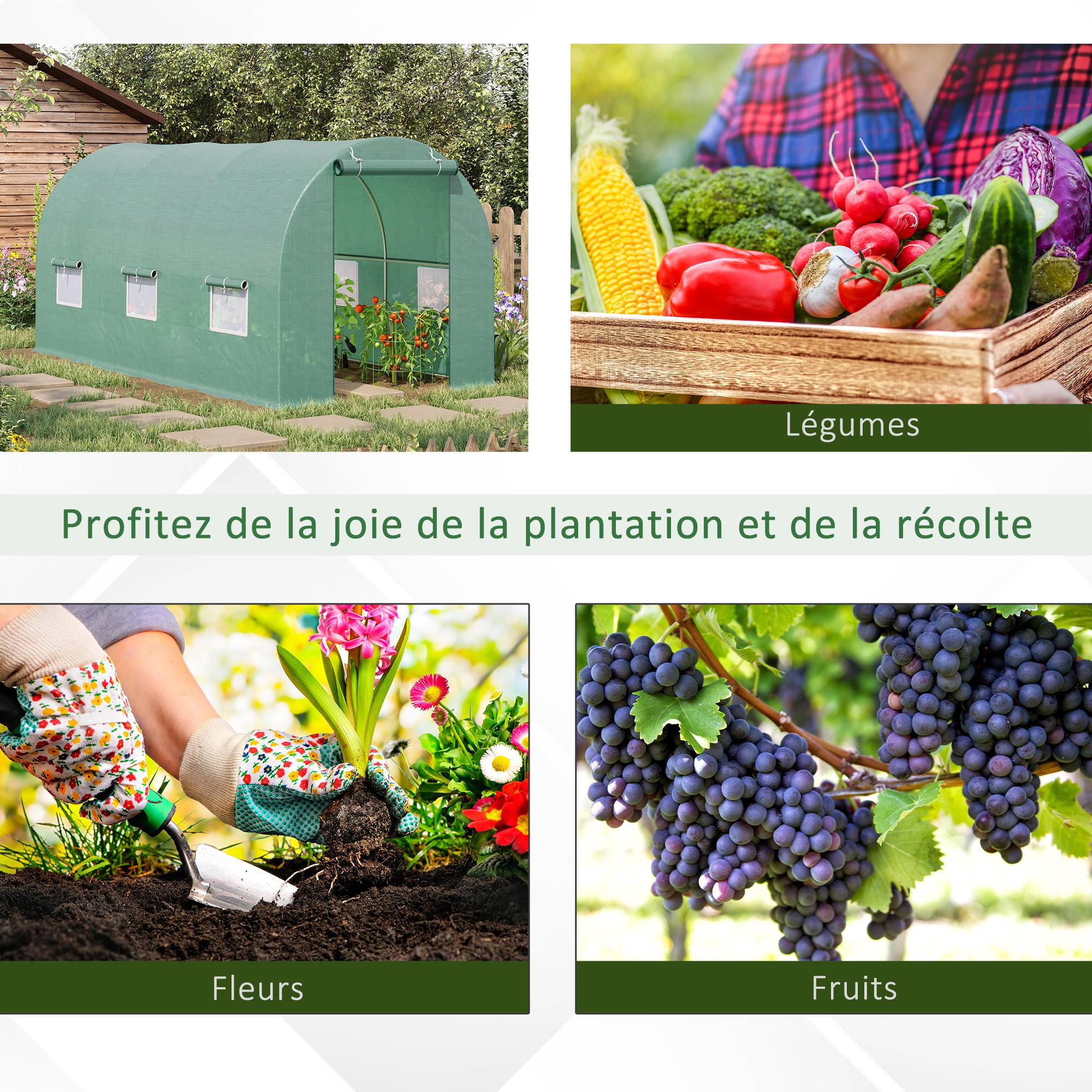 Serre de Jardin Tunnel 4,5L x 2l x 2H m châssis Tubulaire Acier galvanisé renforcé 1,8 cm 6 fenêtres 1 Porte Vert - Image 9