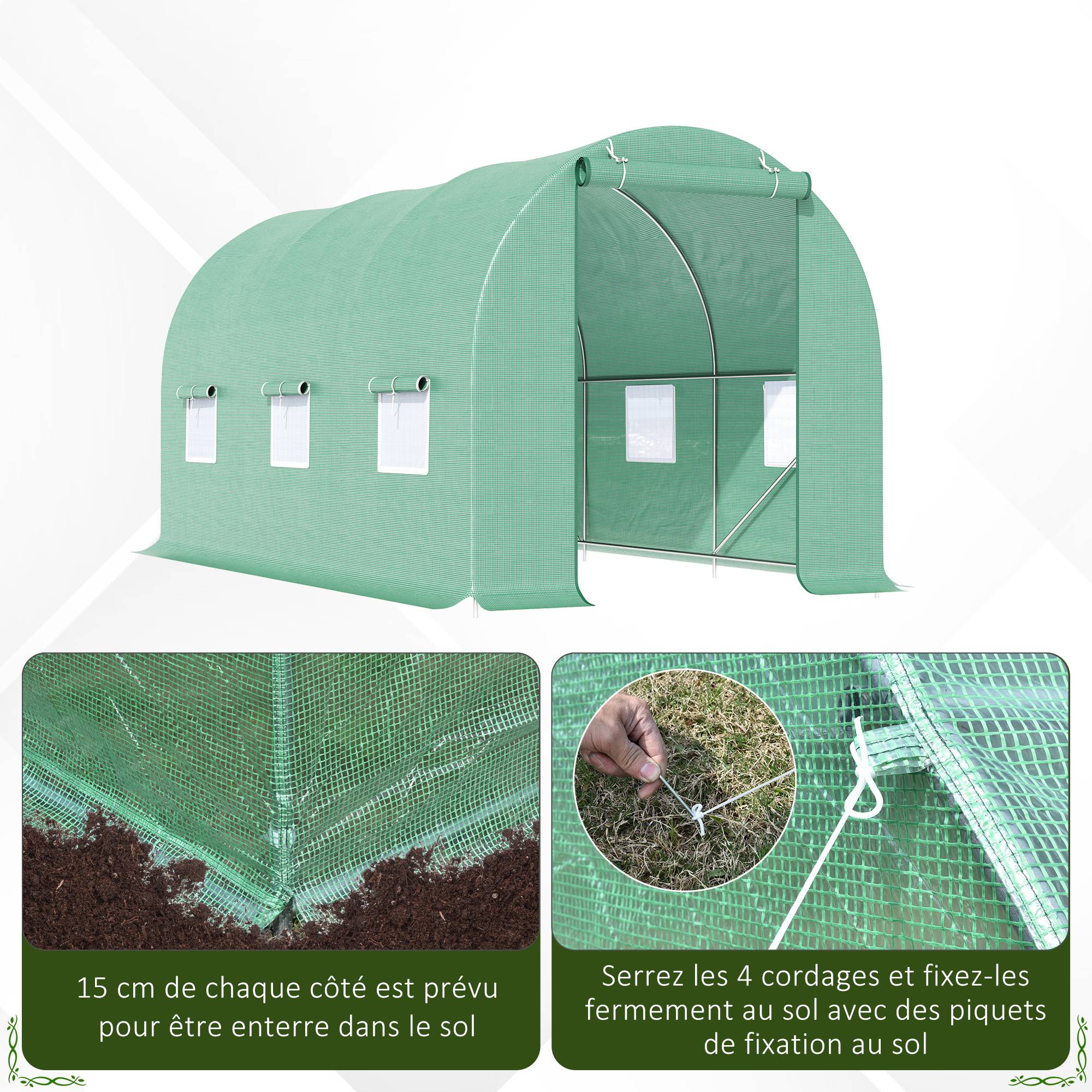 Serre de Jardin Tunnel 4,5L x 2l x 2H m châssis Tubulaire Acier galvanisé renforcé 1,8 cm 6 fenêtres 1 Porte Vert - Image 8