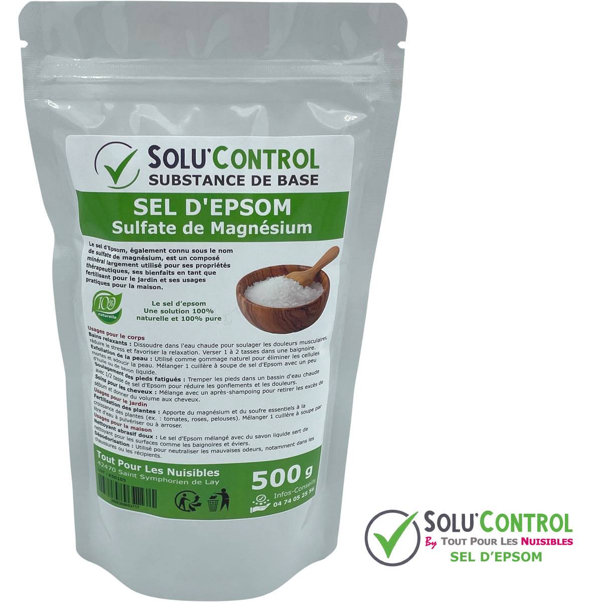 SOLU'CONTROL - Sel d'Epsom 500 g - Sulfate de Magnésium 100% Pur et Naturel - Soin du Corps, Fertilisant et Apport en Magnésium pour les plantes - Image 2
