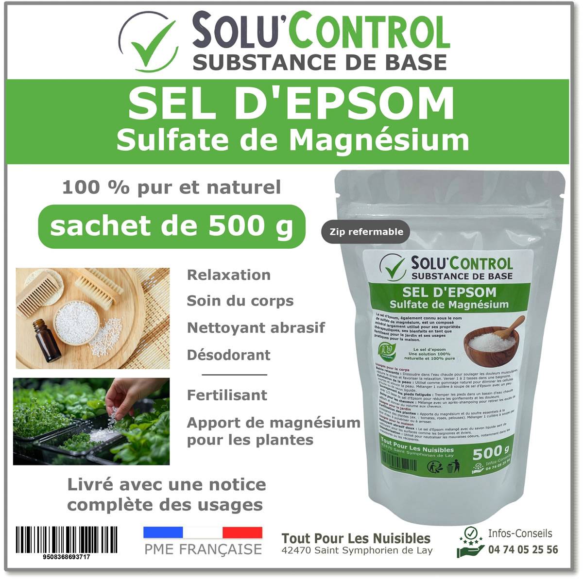 SOLU'CONTROL - Sel d'Epsom 500 g - Sulfate de Magnésium 100% Pur et Naturel - Soin du Corps, Fertilisant et Apport en Magnésium pour les plantes - Image 1