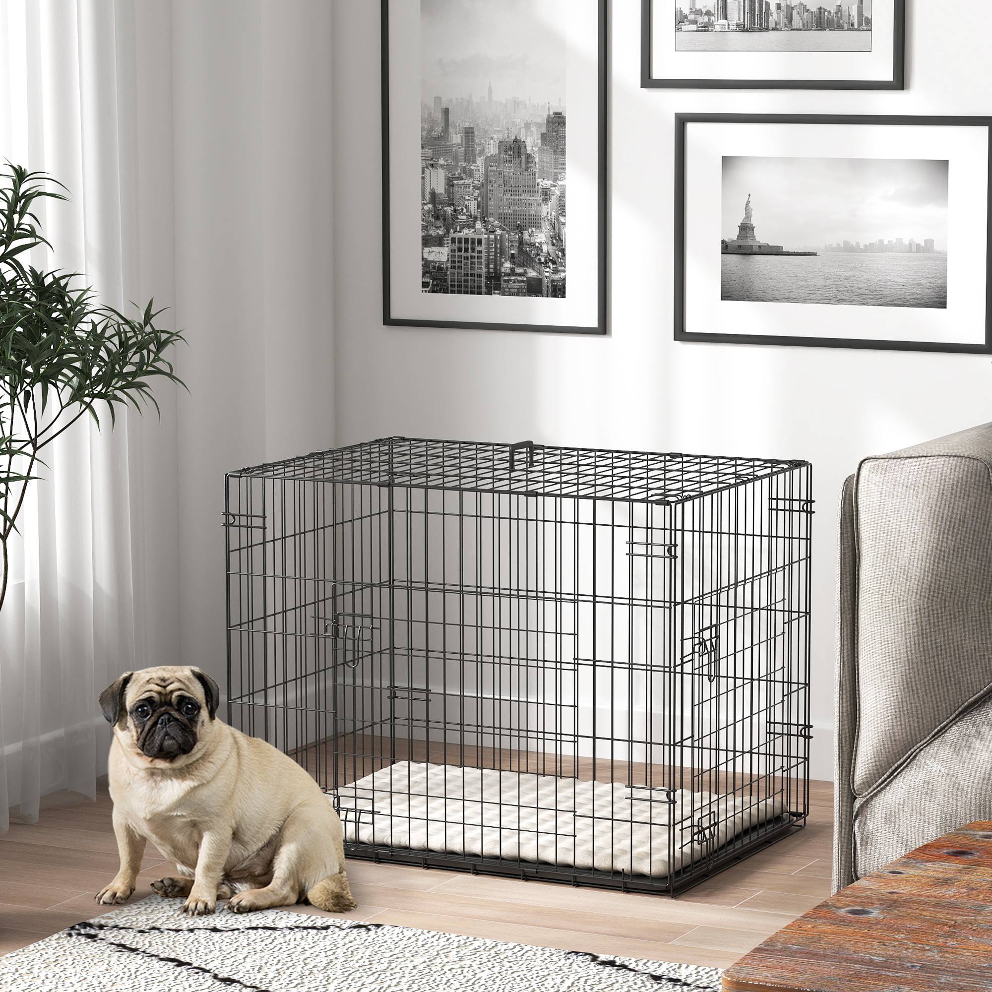 Cage pliable pour chien avec coussin, portes, plateau amovible et structure en fil de fer, 75 x 48,5 x 53 cm, noir et beige - Image 4