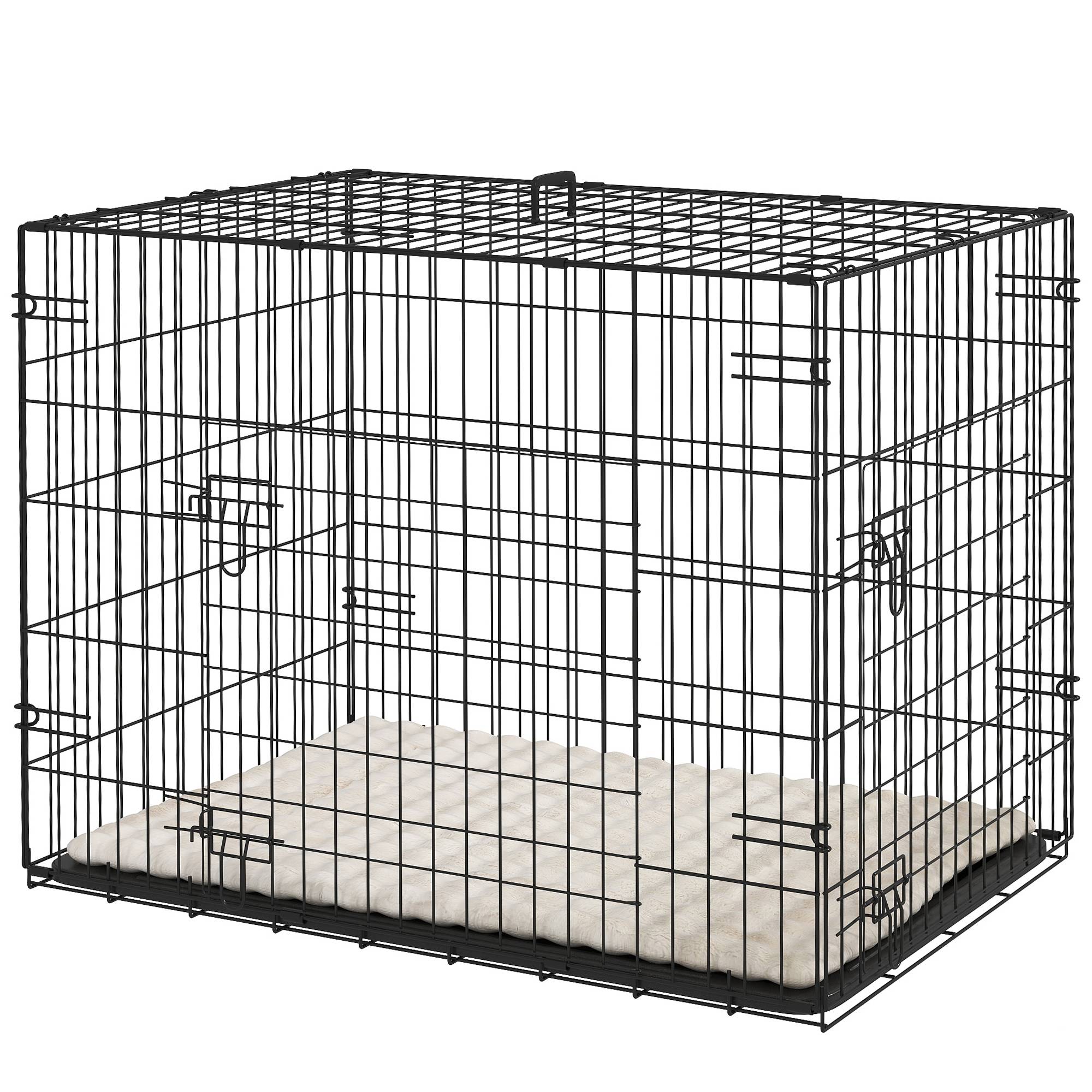 Cage pliable pour chien avec coussin, portes, plateau amovible et structure en fil de fer, 75 x 48,5 x 53 cm, noir et beige - Image 2