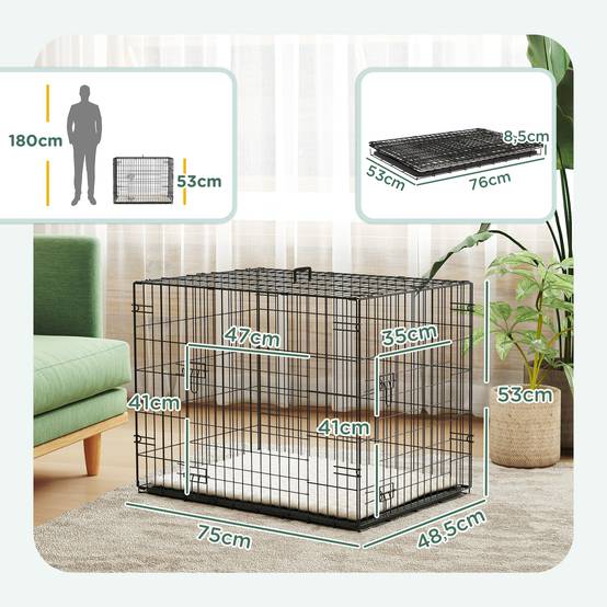 Cage pliable pour chien avec coussin, portes, plateau amovible et structure en fil de fer, 75 x 48,5 x 53 cm, noir et beige - Image 5