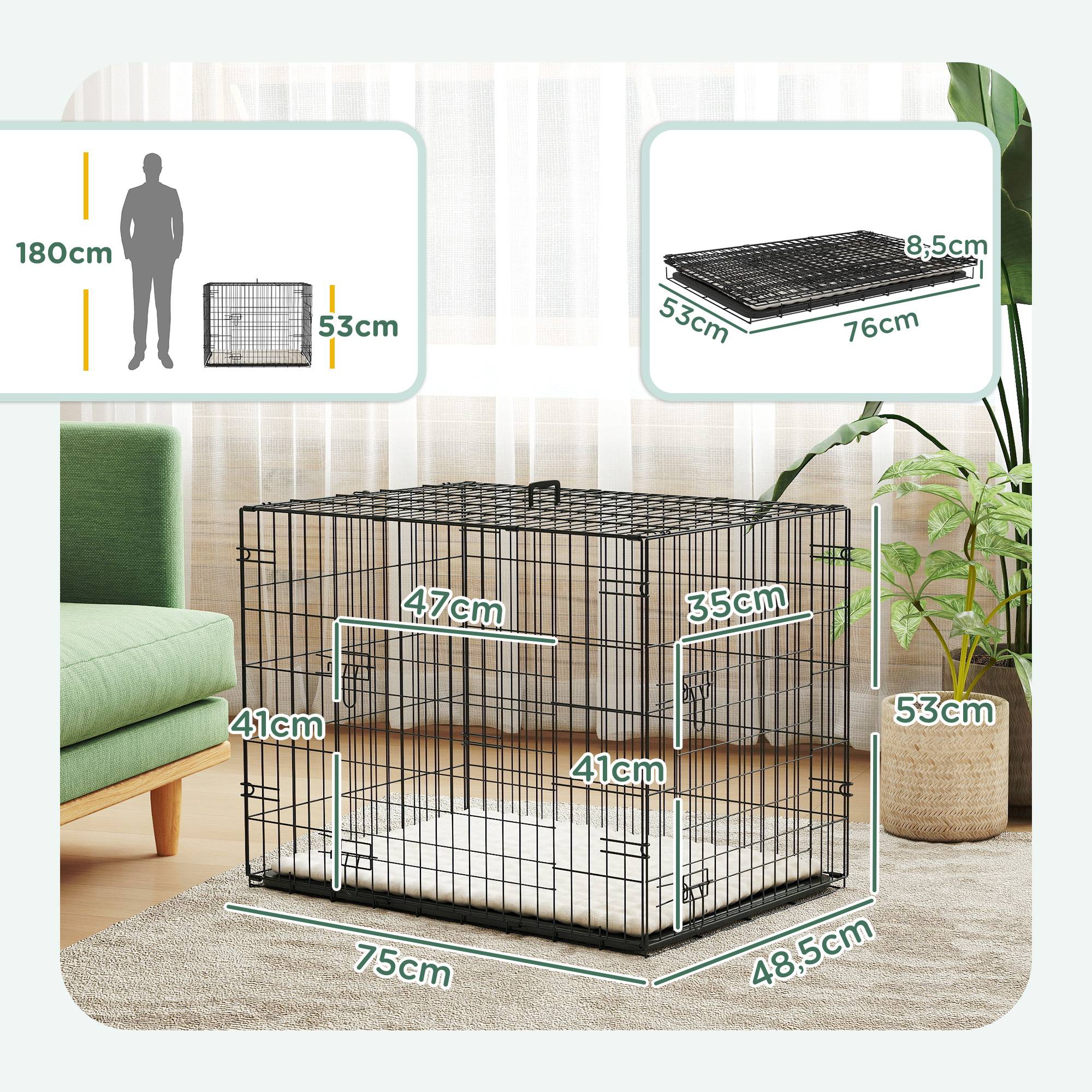 Cage pliable pour chien avec coussin, portes, plateau amovible et structure en fil de fer, 75 x 48,5 x 53 cm, noir et beige - Image 5