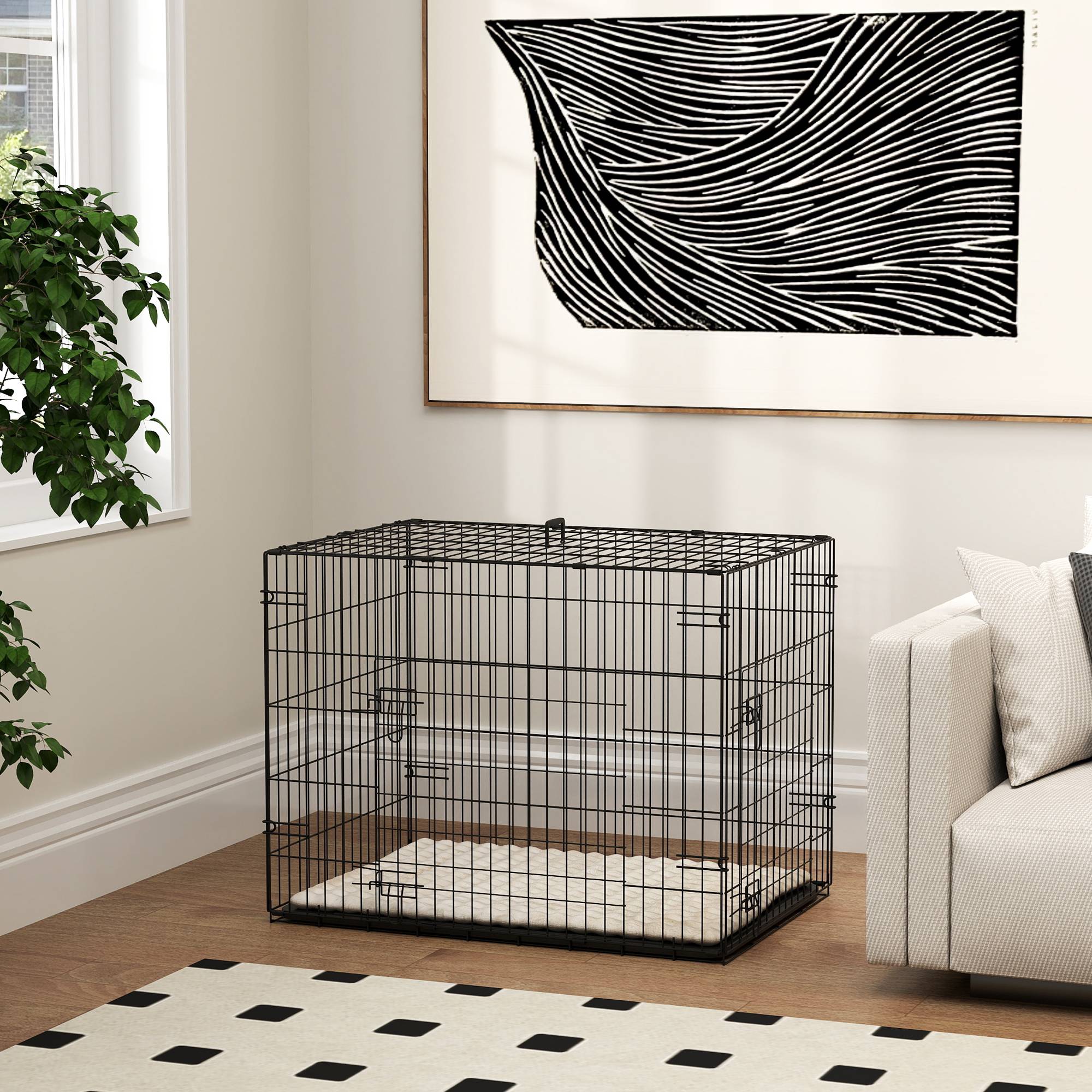 Cage pliable pour chien avec coussin, portes, plateau amovible et structure en fil de fer, 75 x 48,5 x 53 cm, noir et beige - Image 10