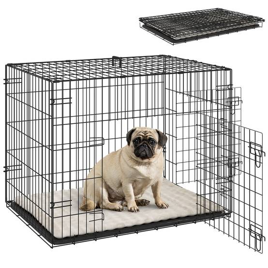 Cage pliable pour chien avec coussin, portes, plateau amovible et structure en fil de fer, 75 x 48,5 x 53 cm, noir et beige - Image 1