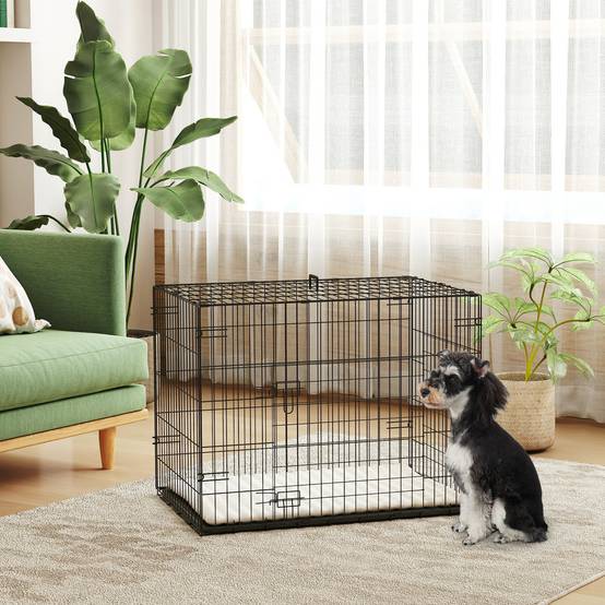 Cage pliable pour chien avec coussin, portes, plateau amovible et structure en fil de fer, 75 x 48,5 x 53 cm, noir et beige - Image 3