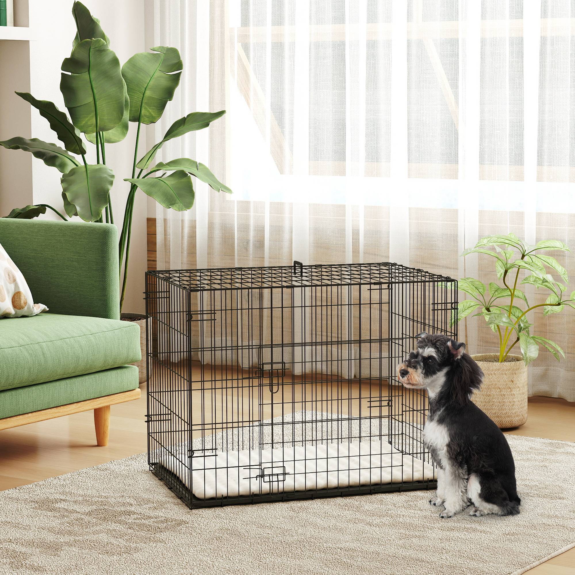 Cage pliable pour chien avec coussin, portes, plateau amovible et structure en fil de fer, 75 x 48,5 x 53 cm, noir et beige - Image 3