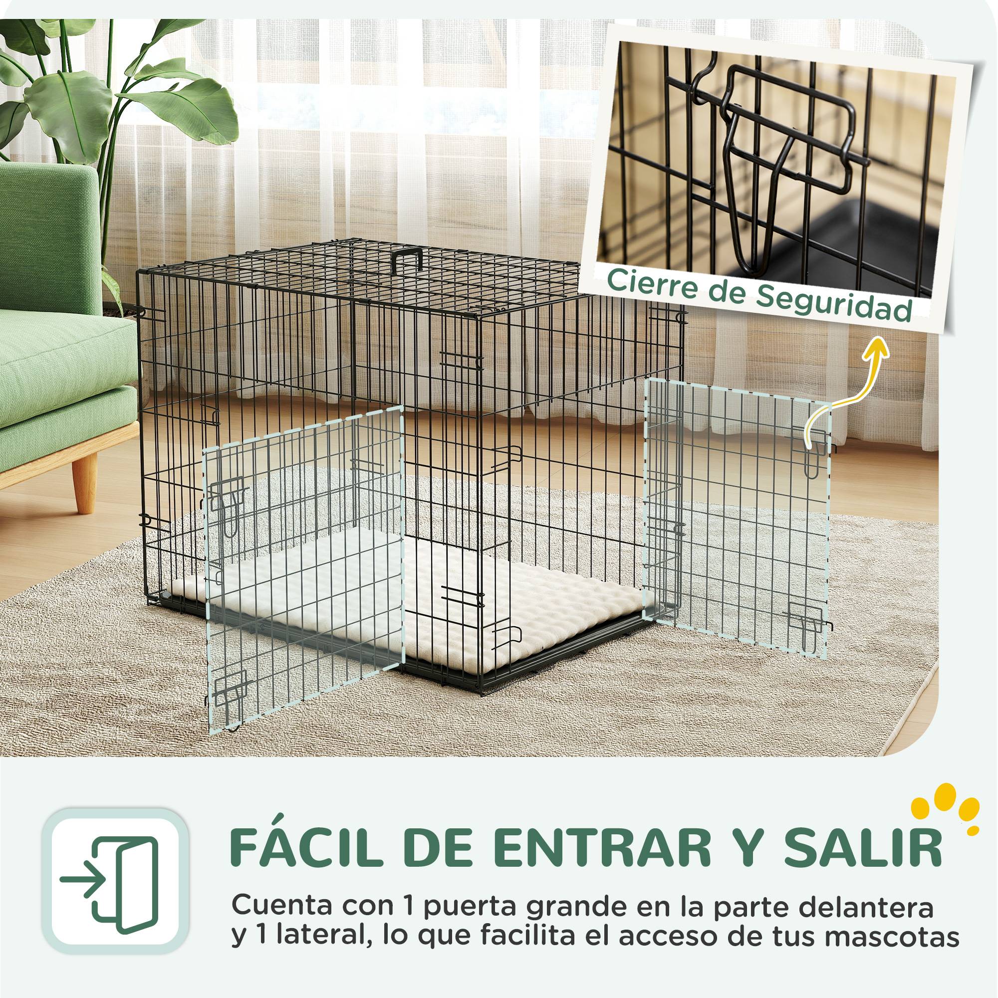 Cage pliable pour chien avec coussin, portes, plateau amovible et structure en fil de fer, 75 x 48,5 x 53 cm, noir et beige - Image 7