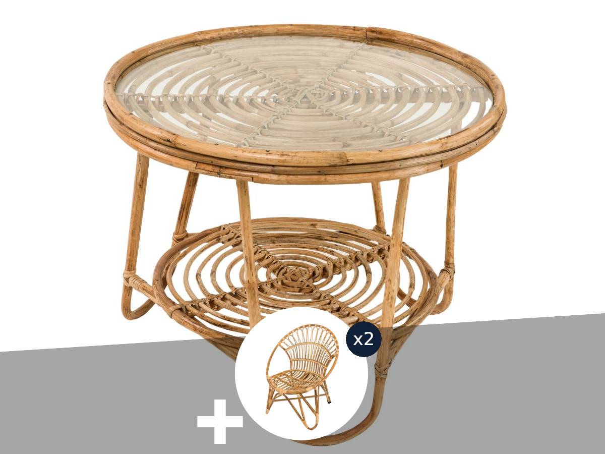 Ensemble salon de jardin bohème, 2 fauteuils  rotin rond + table basse - Jardiline - Image 1