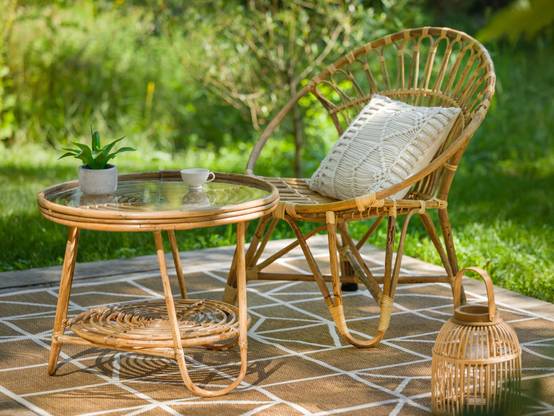 Ensemble salon de jardin bohème, 2 fauteuils rotin rond + table basse - Jardiline - Image 2