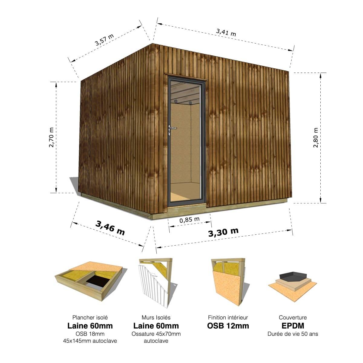 Sans Marque - STUDIO DE JARDIN / 11,8 m2 - 3,35 x 3,52m / Plancher isolé / Bardage Brun / Intérieur OSB / Livraison Gratuite / Studio Français - Imagen 1