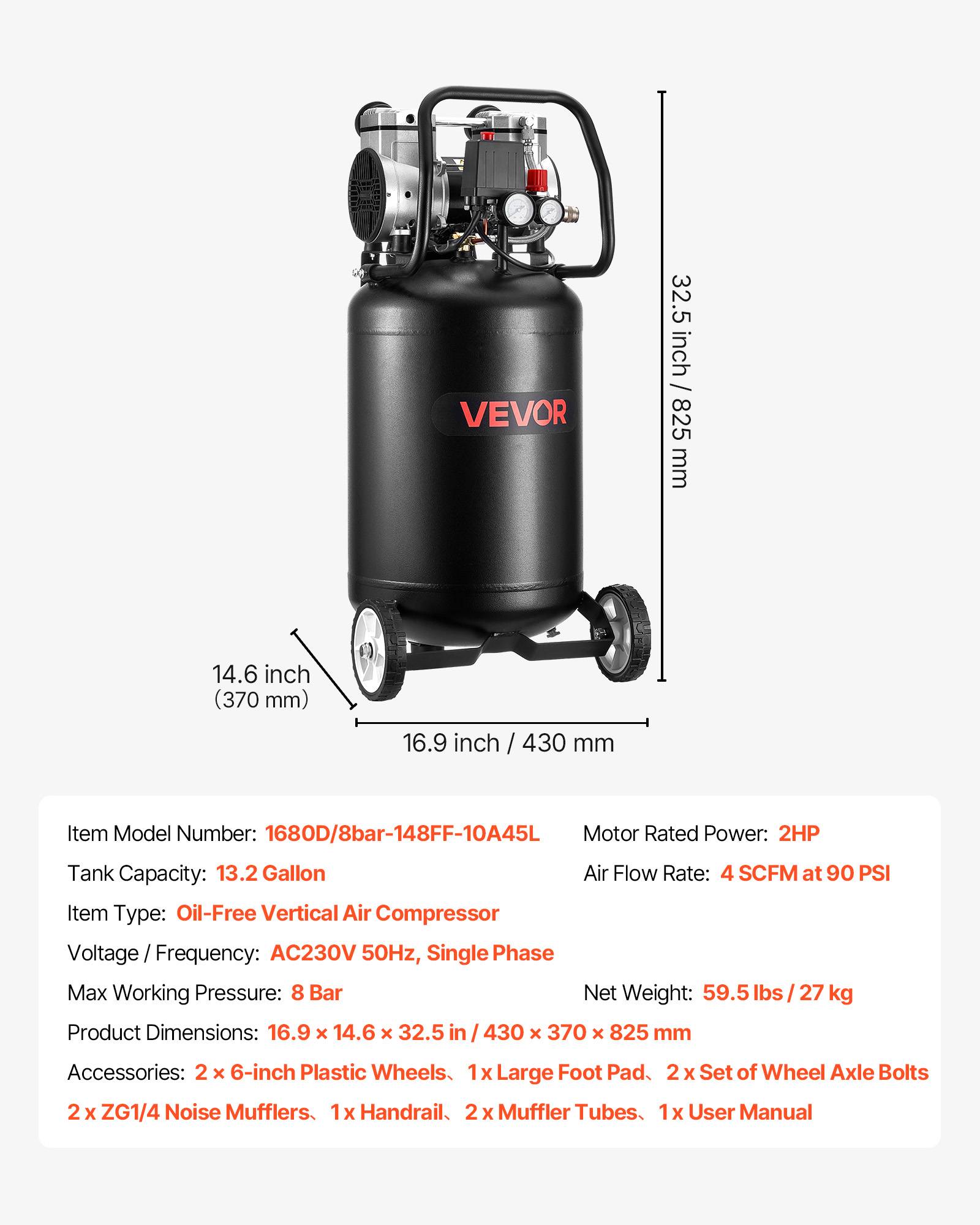 Vevor - VEVOR Compresseur à Air Vertical sans Huile 50 L 1,5 kW 113 L/min à 6,2 bar - Image 7