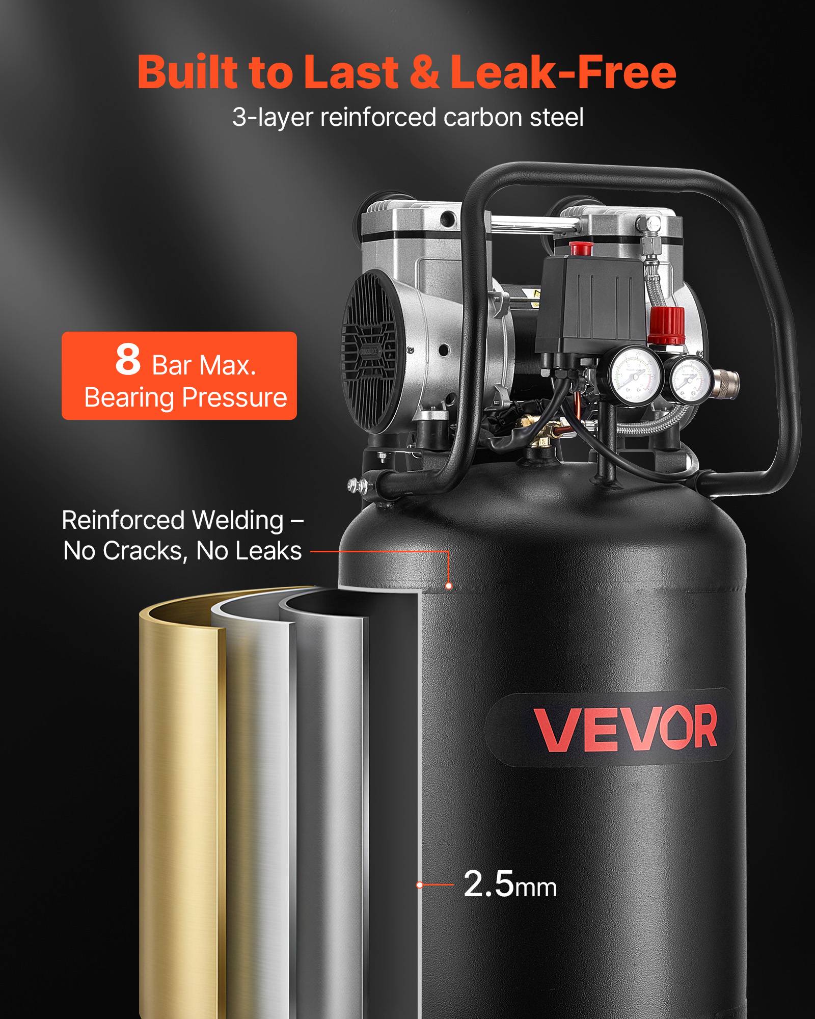 Vevor - VEVOR Compresseur à Air Vertical sans Huile 50 L 1,5 kW 113 L/min à 6,2 bar - Image 5