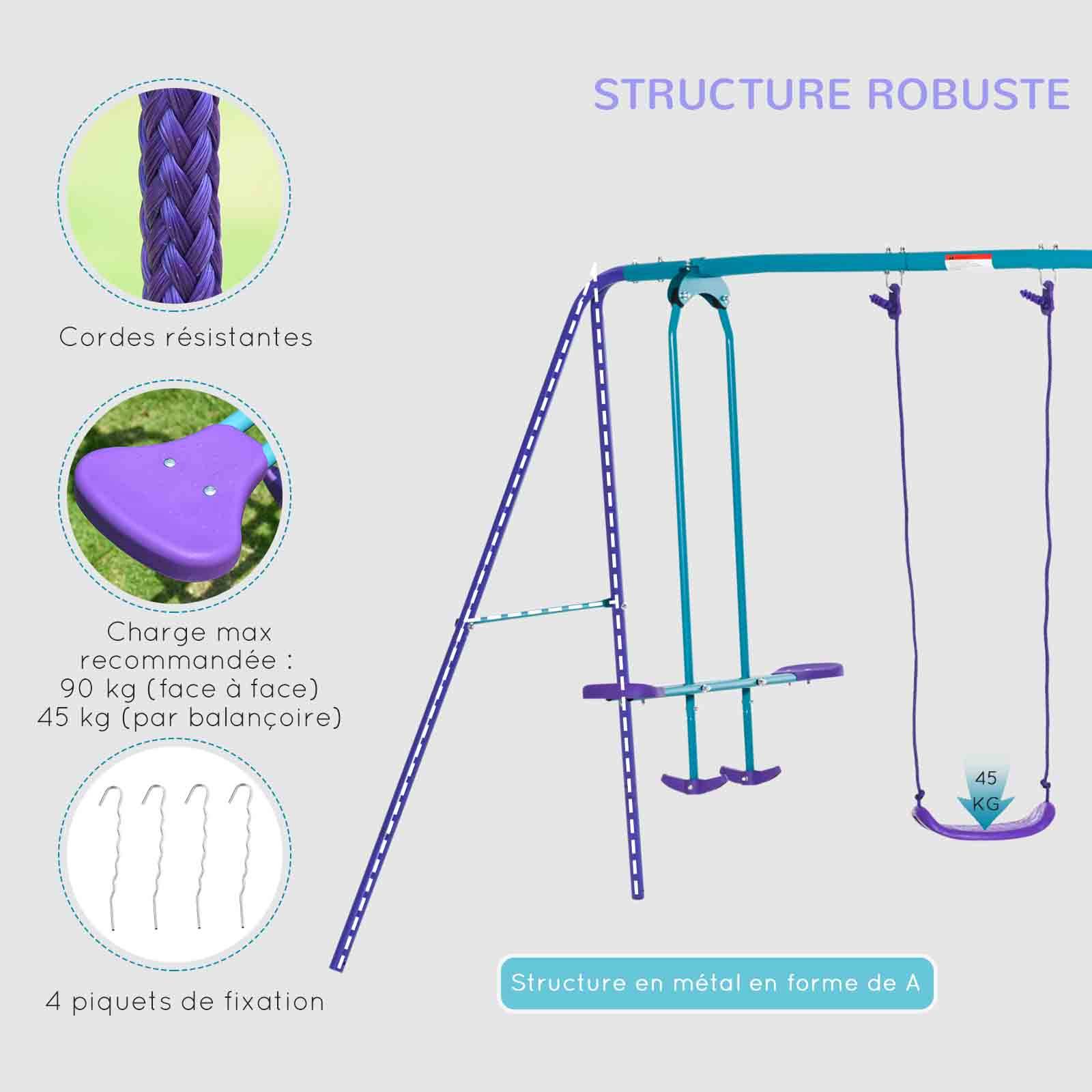 Portique balancoire exterieur 3 en 1 avec 1 balançoire face à face et 2 sièges de balancelle, pour enfants 3+ans, violet - Image 7