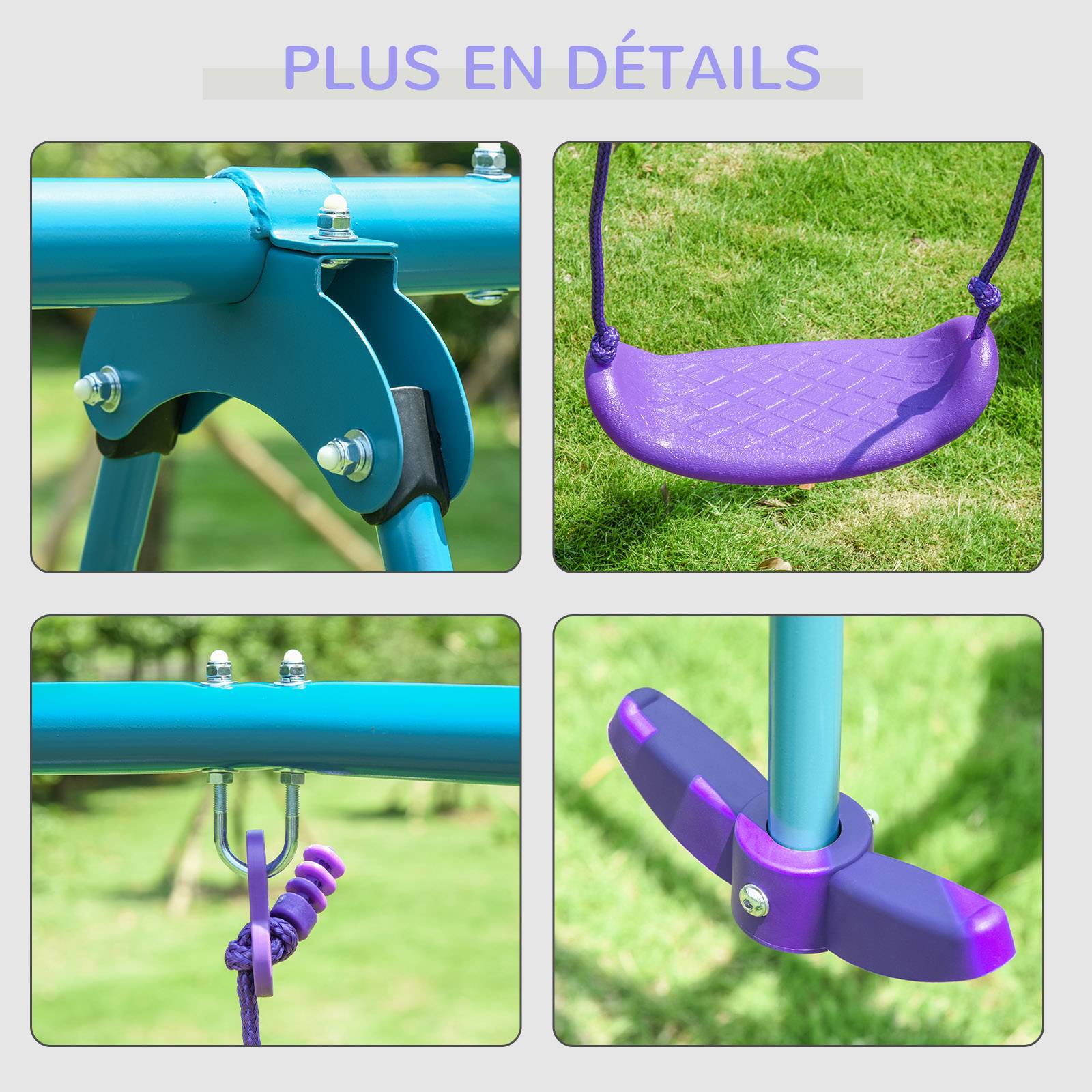 Portique balancoire exterieur 3 en 1 avec 1 balançoire face à face et 2 sièges de balancelle, pour enfants 3+ans, violet - Image 9