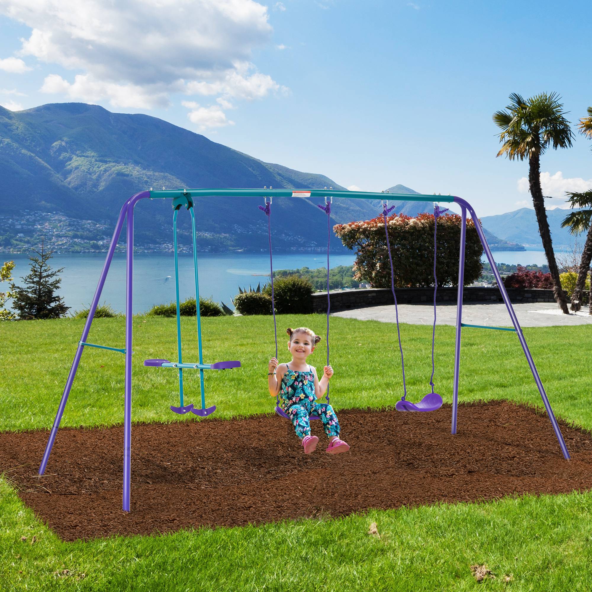 Portique balancoire exterieur 3 en 1 avec 1 balançoire face à face et 2 sièges de balancelle, pour enfants 3+ans, violet - Image 4