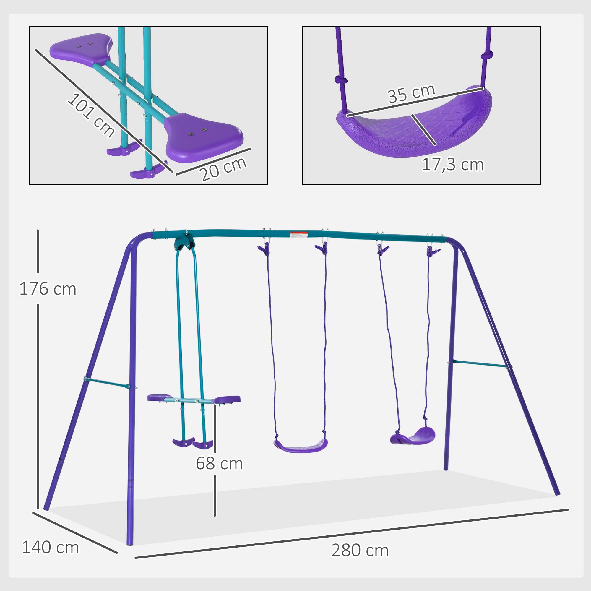 Portique balancoire exterieur 3 en 1 avec 1 balançoire face à face et 2 sièges de balancelle, pour enfants 3+ans, violet - Image 5