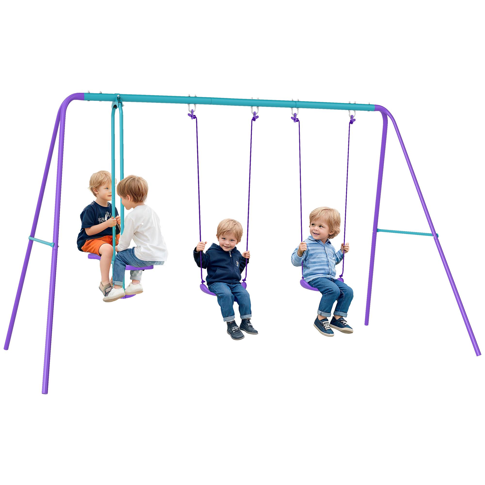 Portique balancoire exterieur 3 en 1 avec 1 balançoire face à face et 2 sièges de balancelle, pour enfants 3+ans, violet - Image 1
