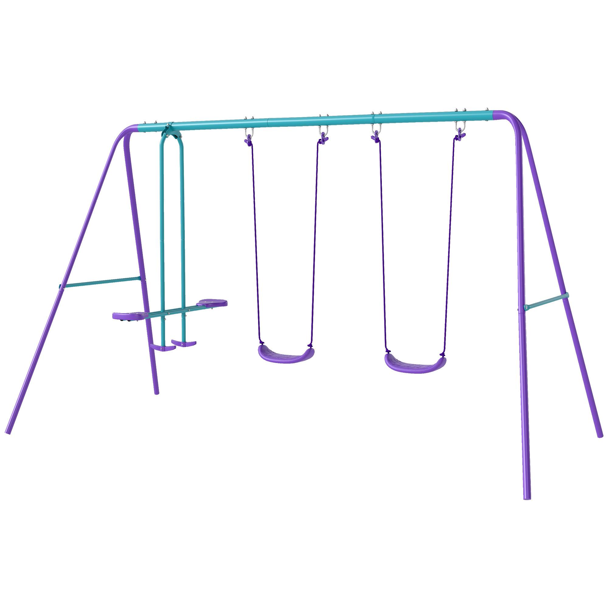 Portique balancoire exterieur 3 en 1 avec 1 balançoire face à face et 2 sièges de balancelle, pour enfants 3+ans, violet - Image 2