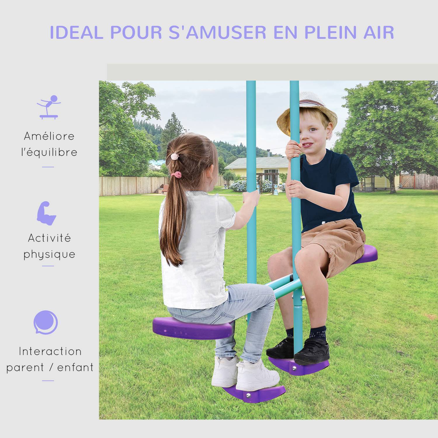 Portique balancoire exterieur 3 en 1 avec 1 balançoire face à face et 2 sièges de balancelle, pour enfants 3+ans, violet - Image 8