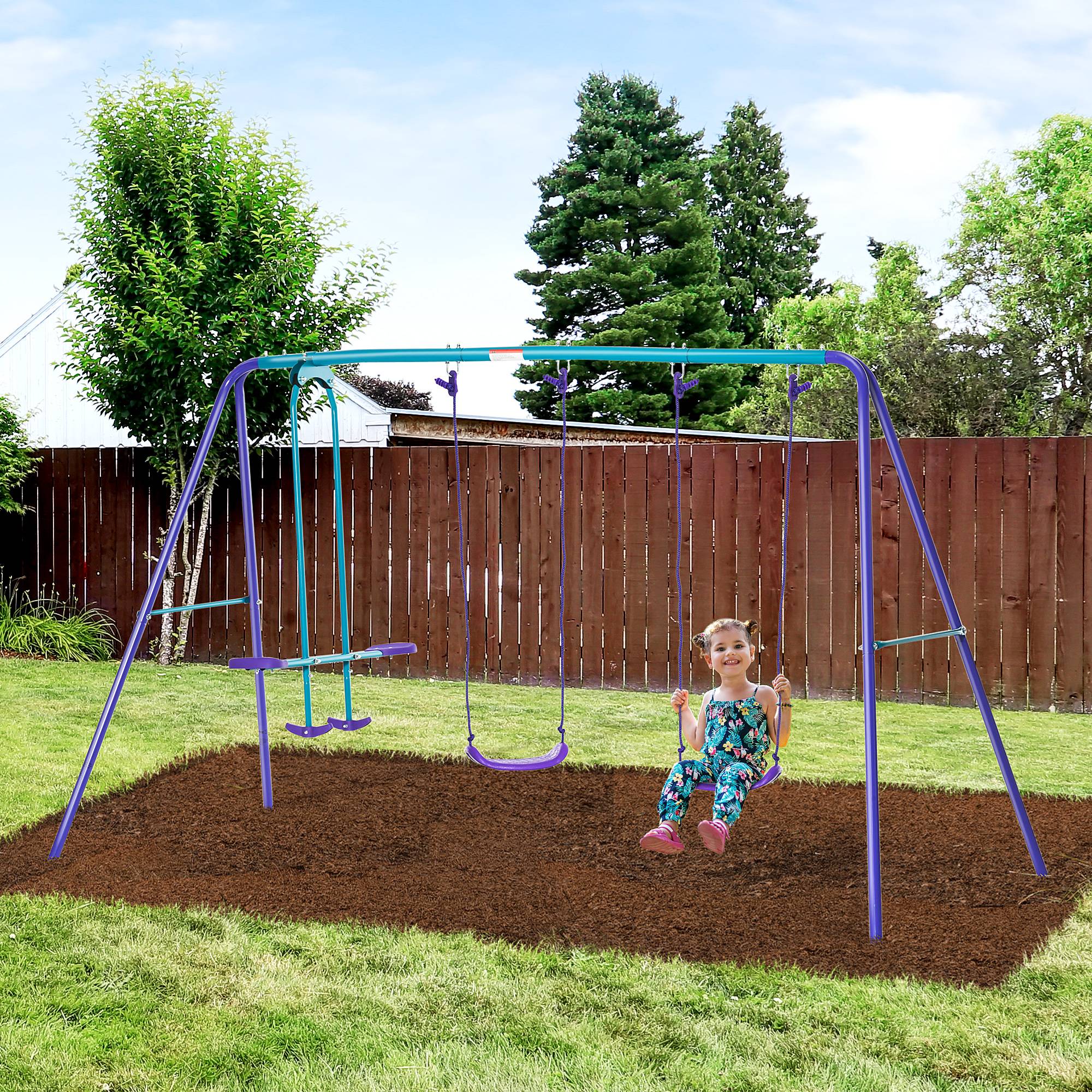 Portique balancoire exterieur 3 en 1 avec 1 balançoire face à face et 2 sièges de balancelle, pour enfants 3+ans, violet - Image 3