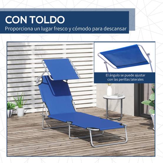 Transat de jardin pliable avec auvent et dossier inclinable pour jardin, terrasse, camping, 187 x 58 x 36 cm, bleu - Image 8