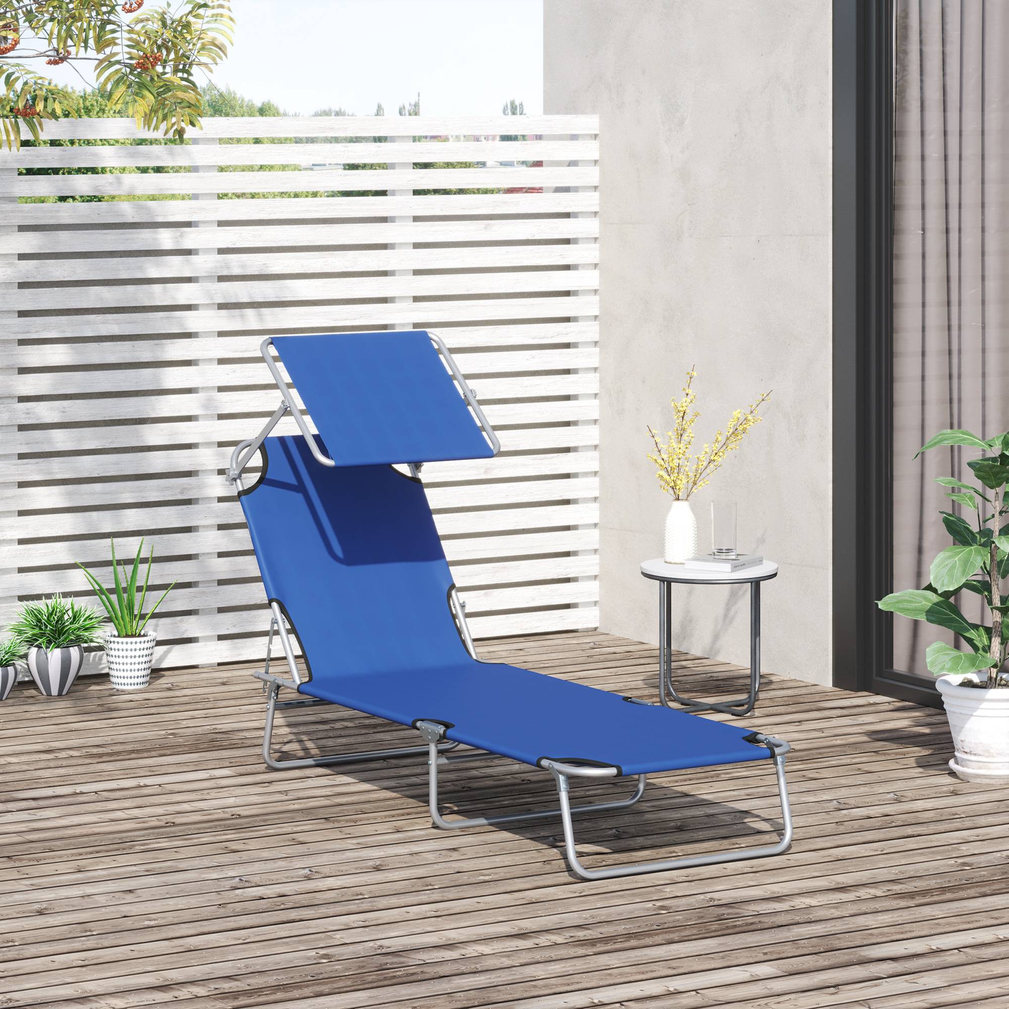 Transat de jardin pliable avec auvent et dossier inclinable pour jardin, terrasse, camping, 187 x 58 x 36 cm, bleu - Image 4