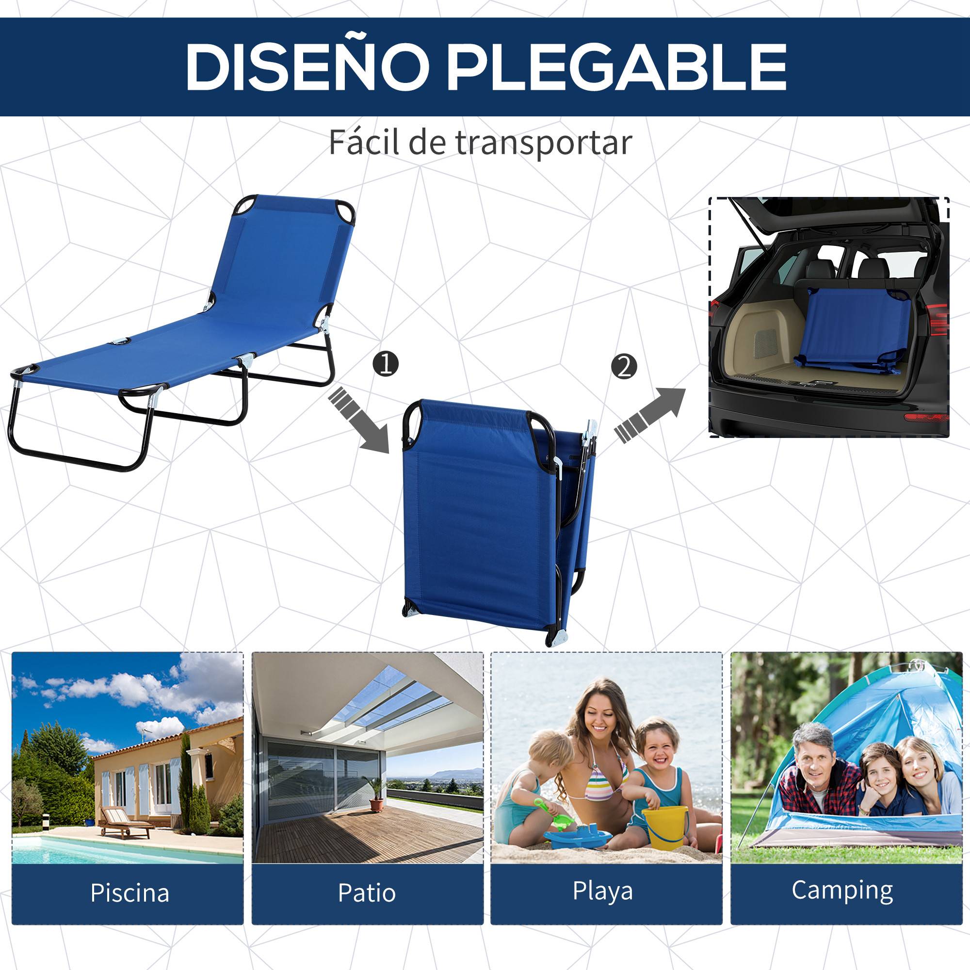 Transat de jardin pliable avec auvent et dossier inclinable pour jardin, terrasse, camping, 187 x 58 x 36 cm, bleu - Image 7