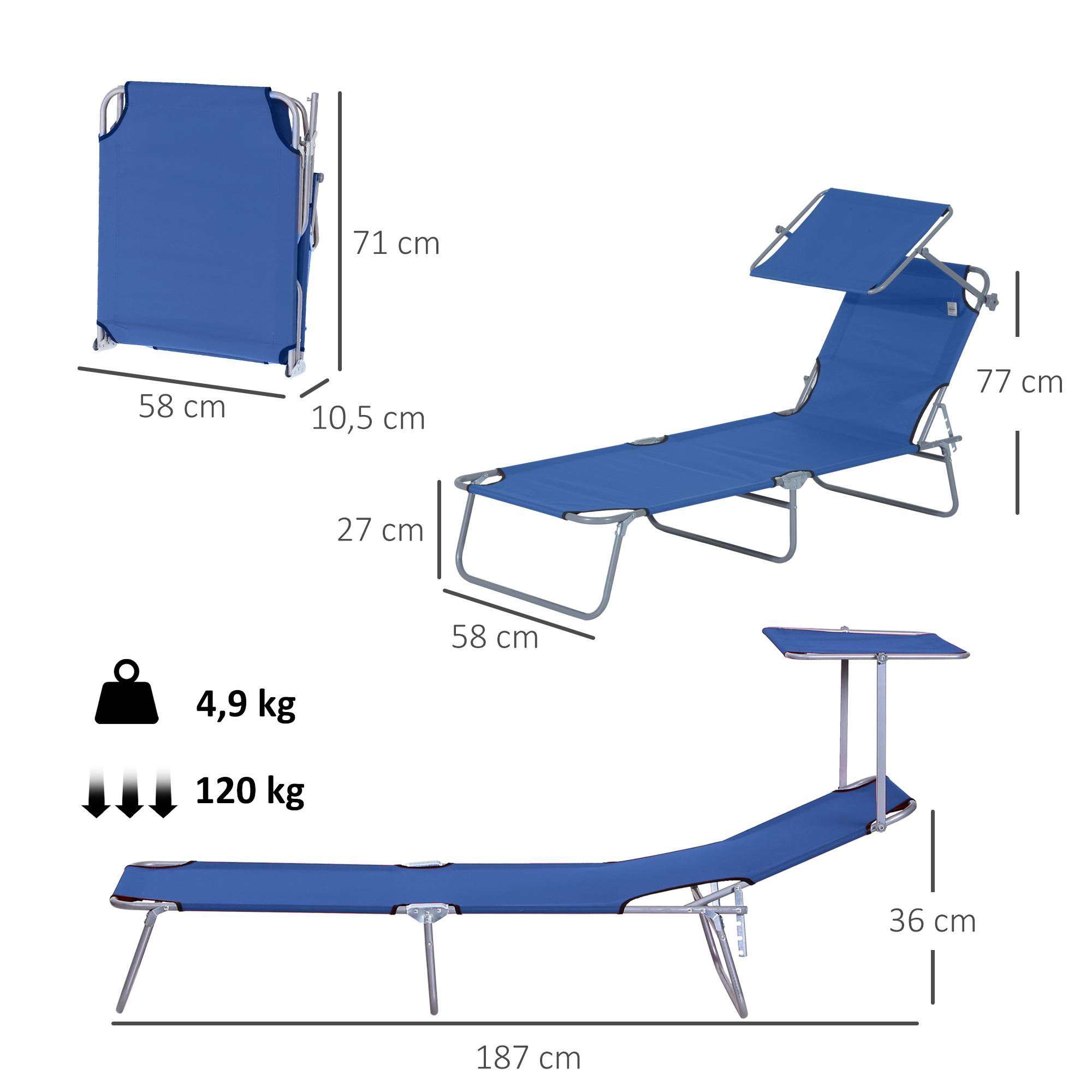 Transat de jardin pliable avec auvent et dossier inclinable pour jardin, terrasse, camping, 187 x 58 x 36 cm, bleu - Image 5