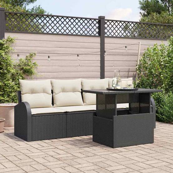 Salon de jardin 4 places poly rotin pieds réglables design modulable pour jardin terrasse Noir et coussins Noirs – ComfortXL Outdoor Living - Image 1