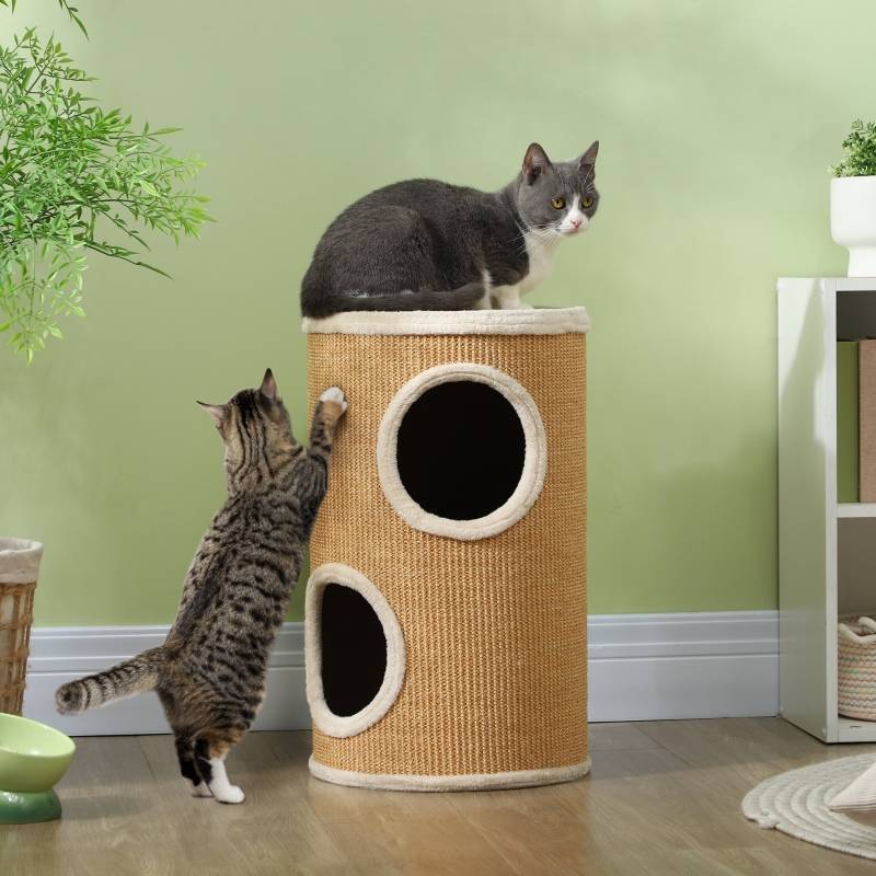 Arbre à chat spacieux revêtement peluche, surface sisal Φ35x60Hcm brun beige, charge 10kg - Image 3