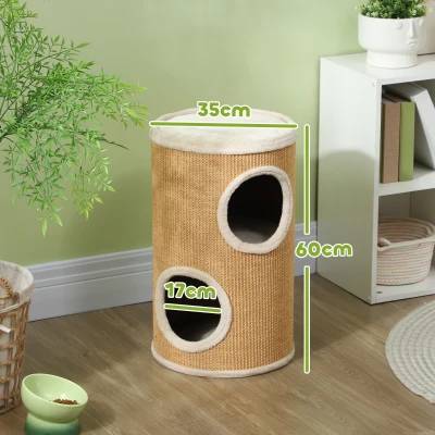 Arbre à chat spacieux revêtement peluche, surface sisal Φ35x60Hcm brun beige, charge 10kg - Image 2
