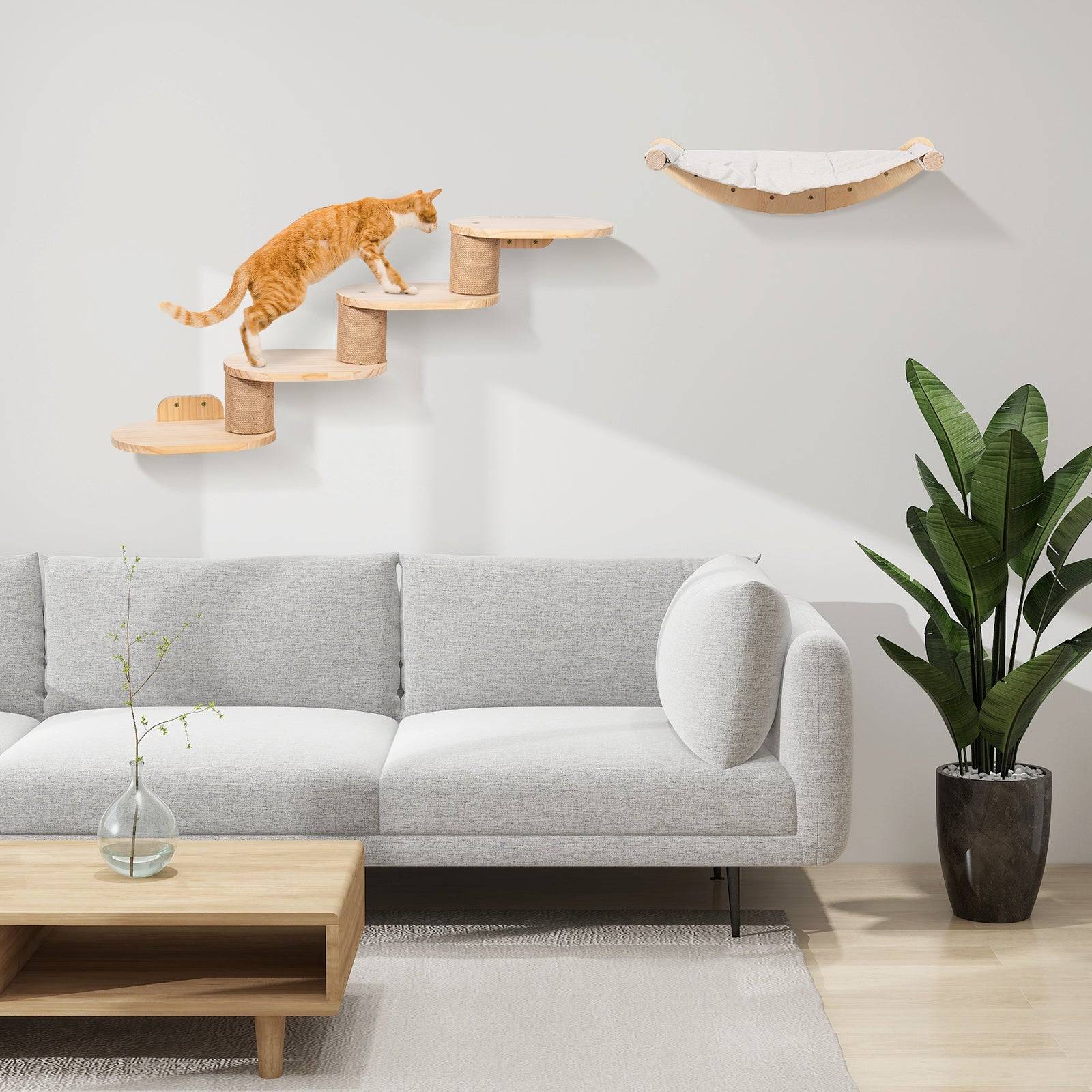 Todeco Mur d'escalade pour chat mural avec escalier pour chat et hamac pour chat, mur d'escalade à quatre niveaux avec rayures en jute pour chats et - Image 2